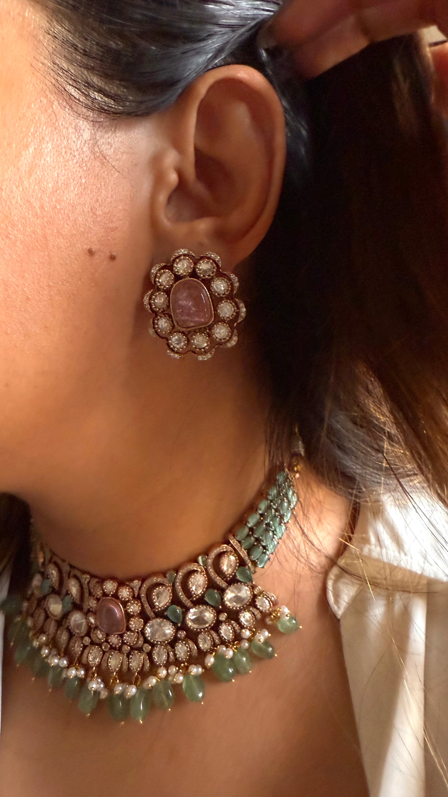 Rose quartz & mint Moissanite polki choker