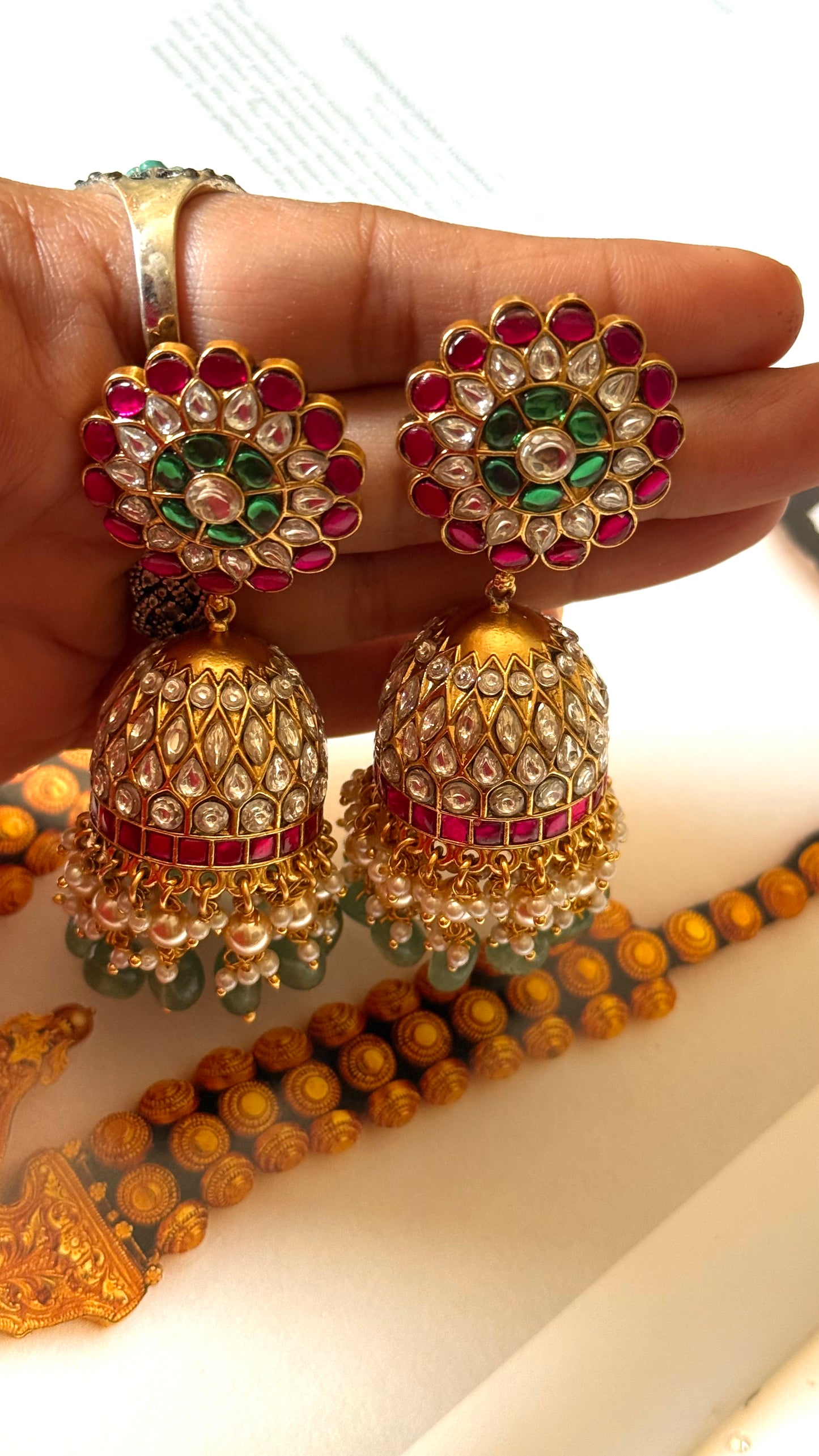 Ruby & emerald with mint drops Paachi Kundan jhumki