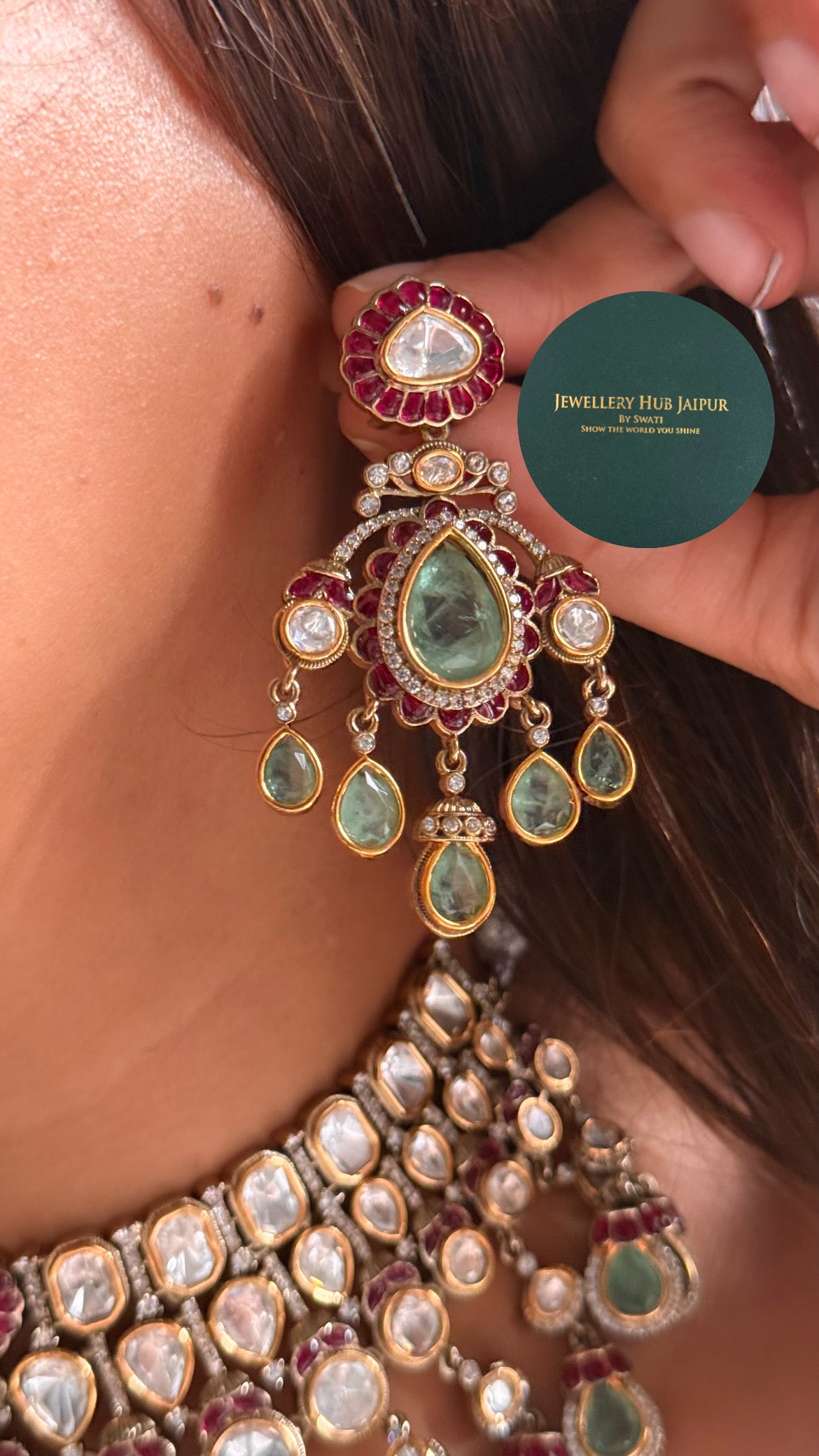 Mint doublet & rani pink moissanite uncut polki bridal choker set