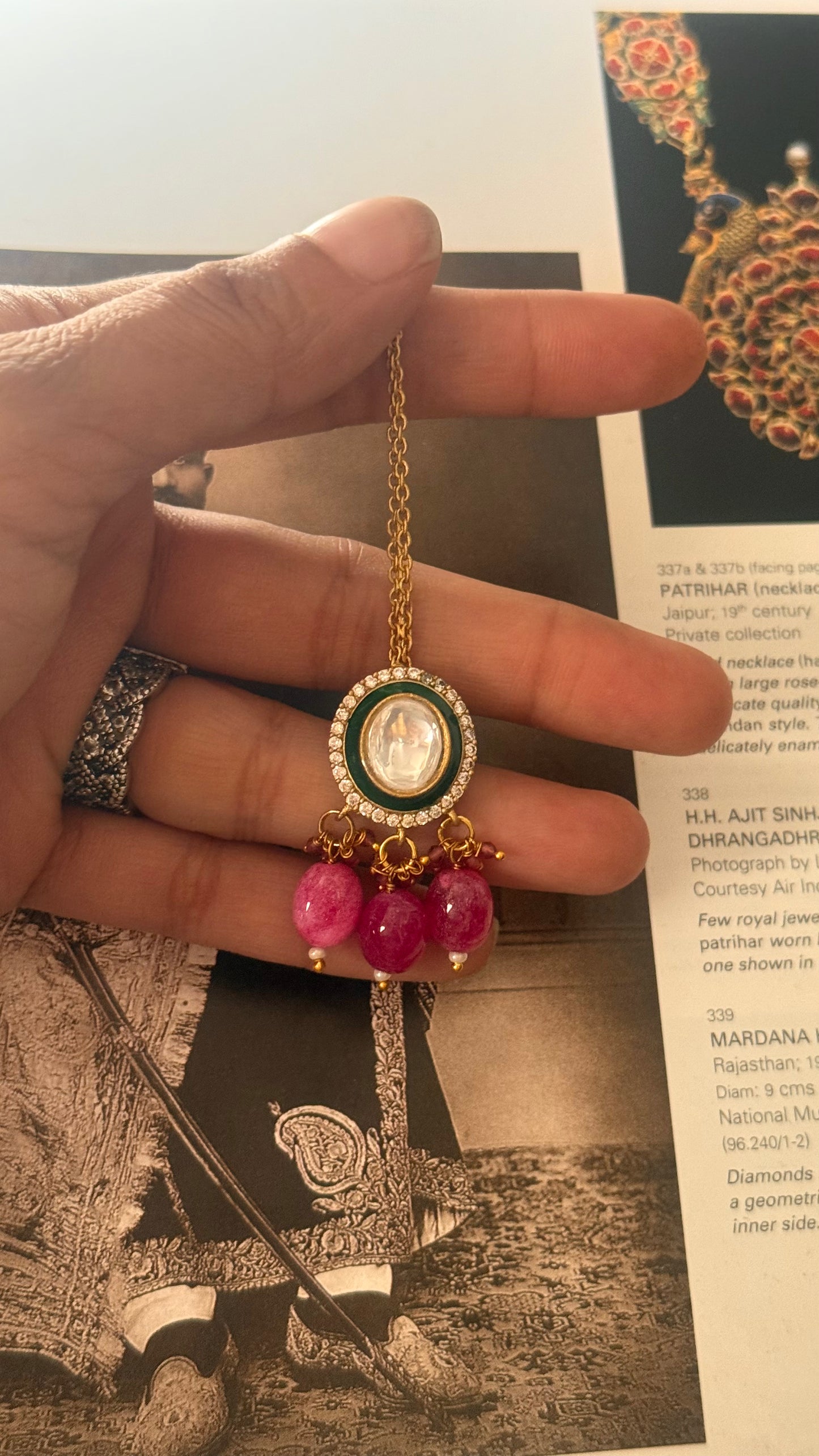 Emerald meenakari with ruby drop maangtika