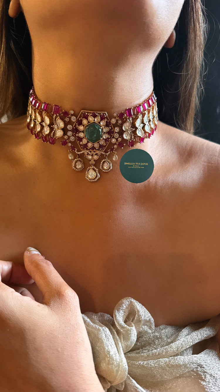 Mint doublet & Rani pink moissanite choker set