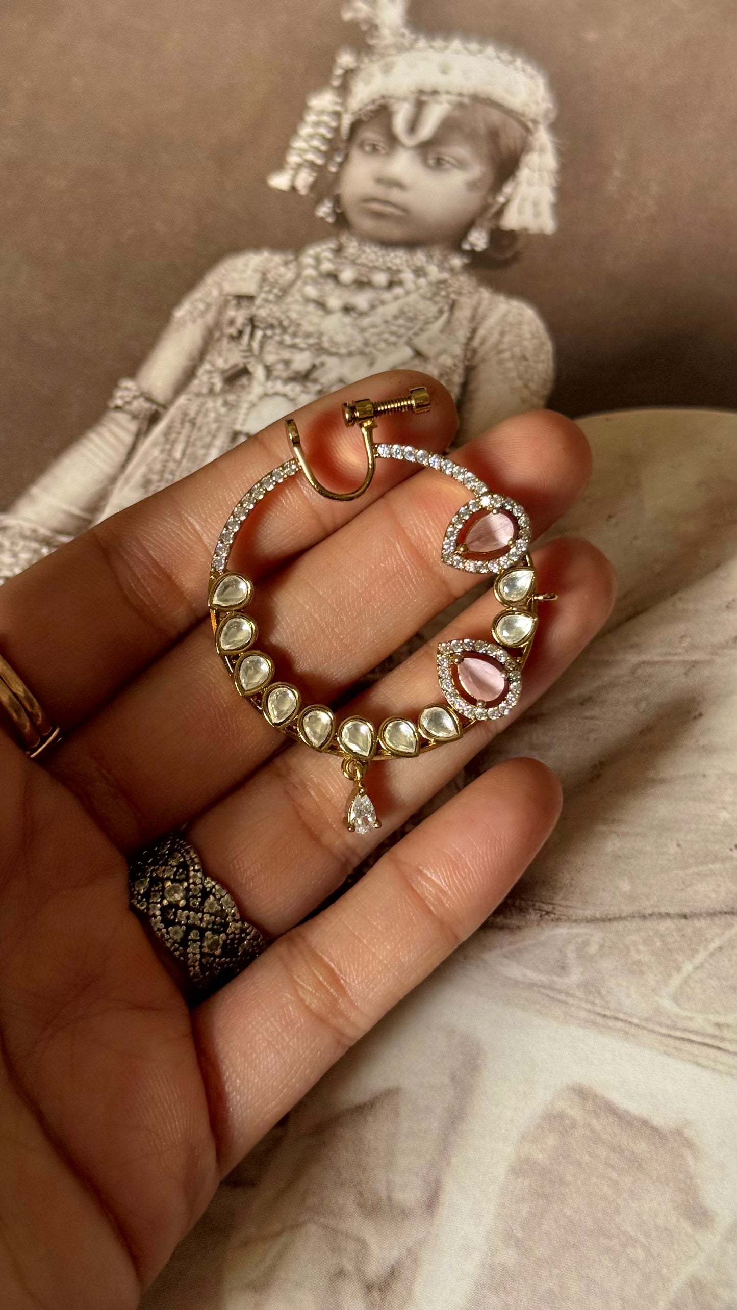 Rose quartz doublet & moissanite nath