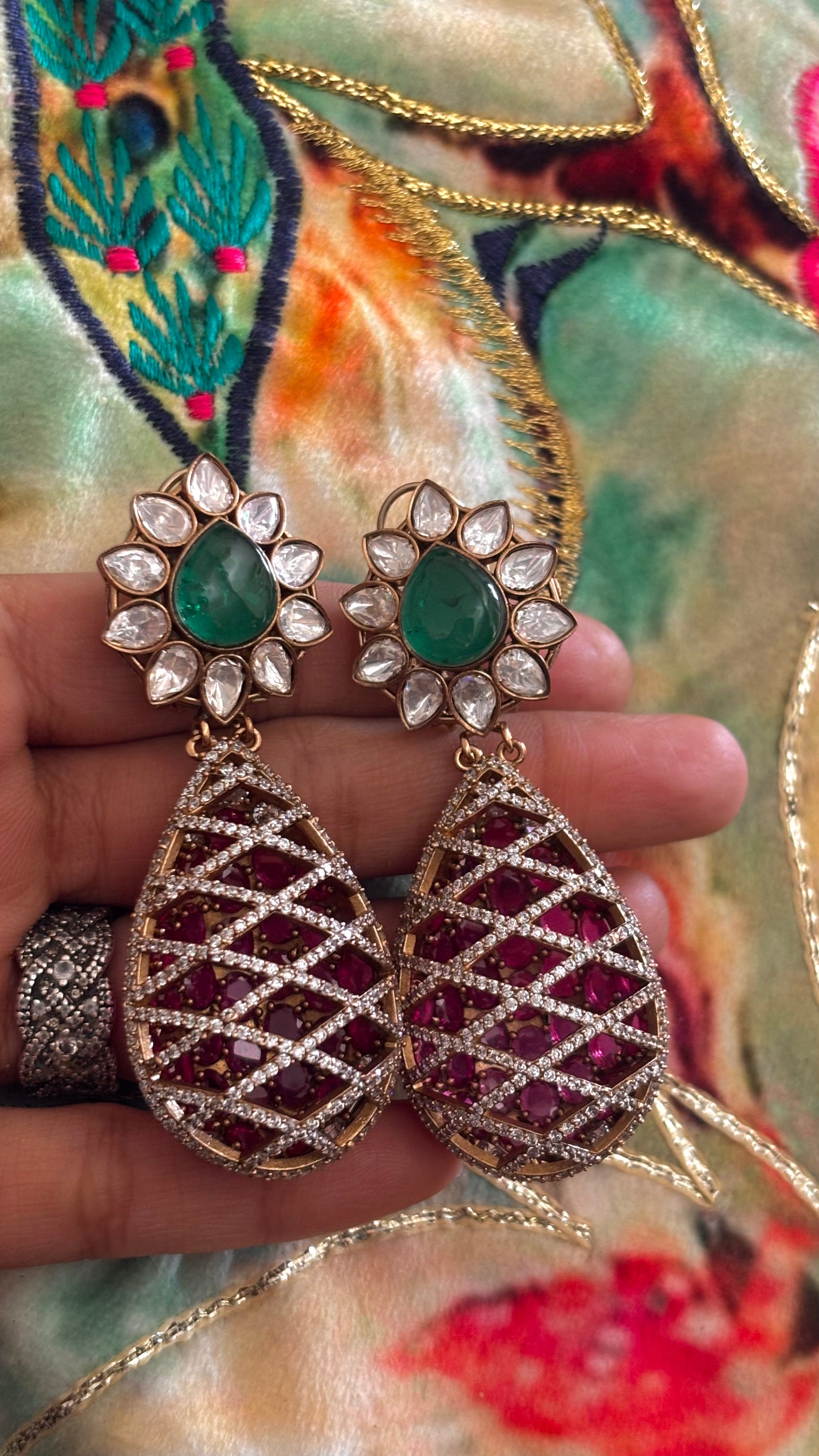 Emerald & rani pink cocktail danglers