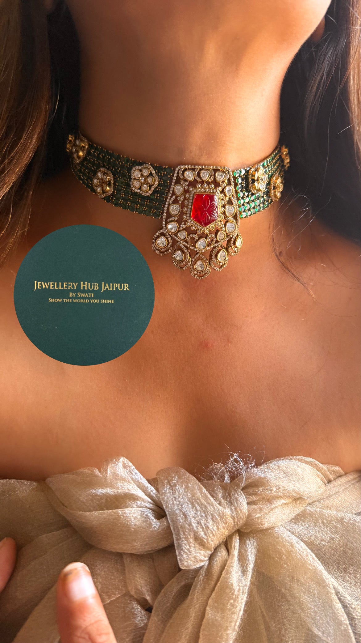 Ruby doublet & emerald moissanite uncut polki choker set