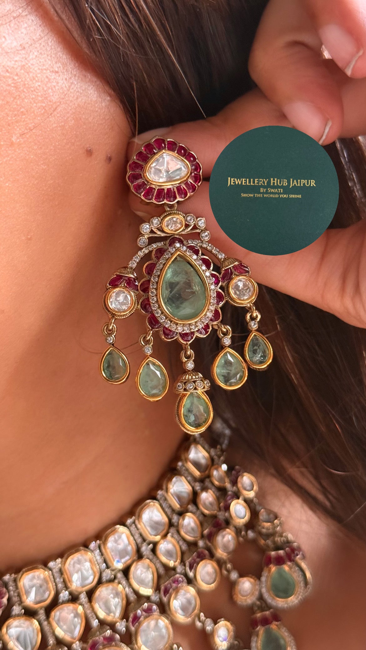Mint doublet & rani pink moissanite uncut polki bridal choker set