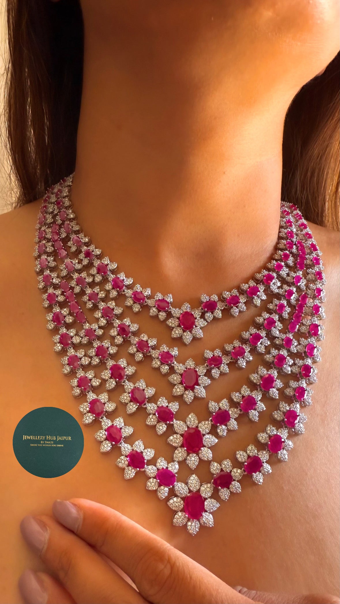 Veya Rani pink Cz diamond four layered necklace