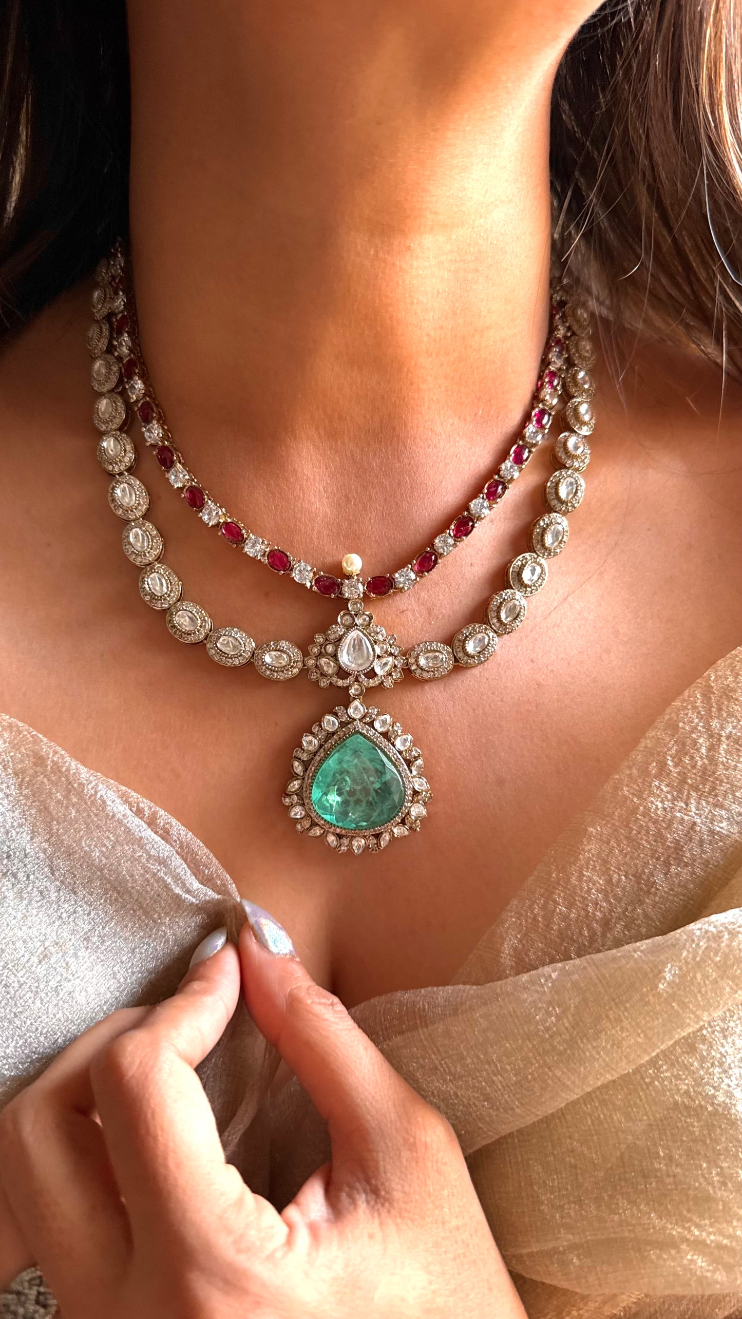 Mint doublet & ruby polki moissanite dual layer collar necklace