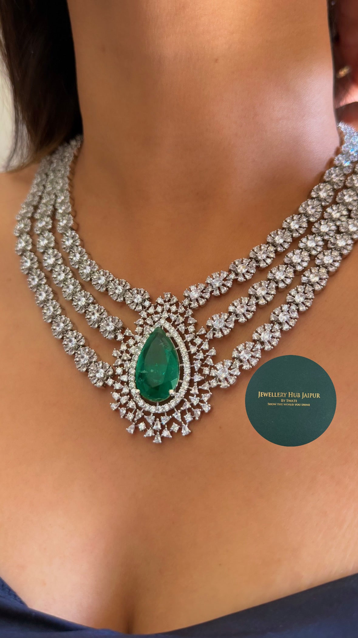Emerald drop doublet triple layer diamond necklace