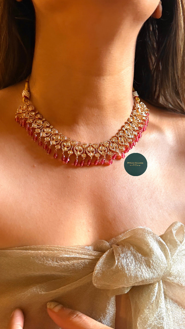 Moissanite polki with rani pink drops collar set