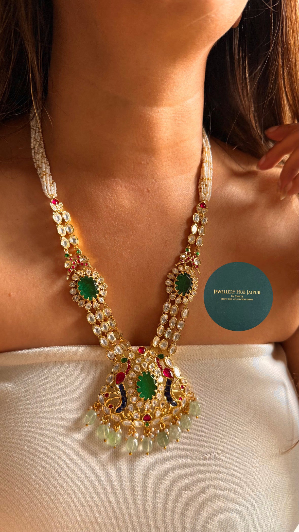 Real Moissanite Emerald doublet & rani pink real moissanite mid length set