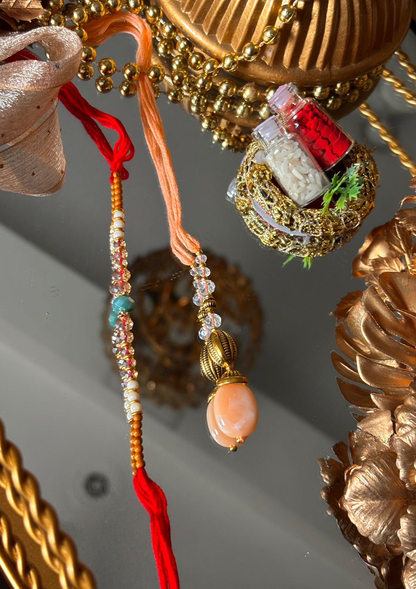 Bhaiya bhabhi lumba peach designer stone oxidised rakhi ( shipping will be extra )