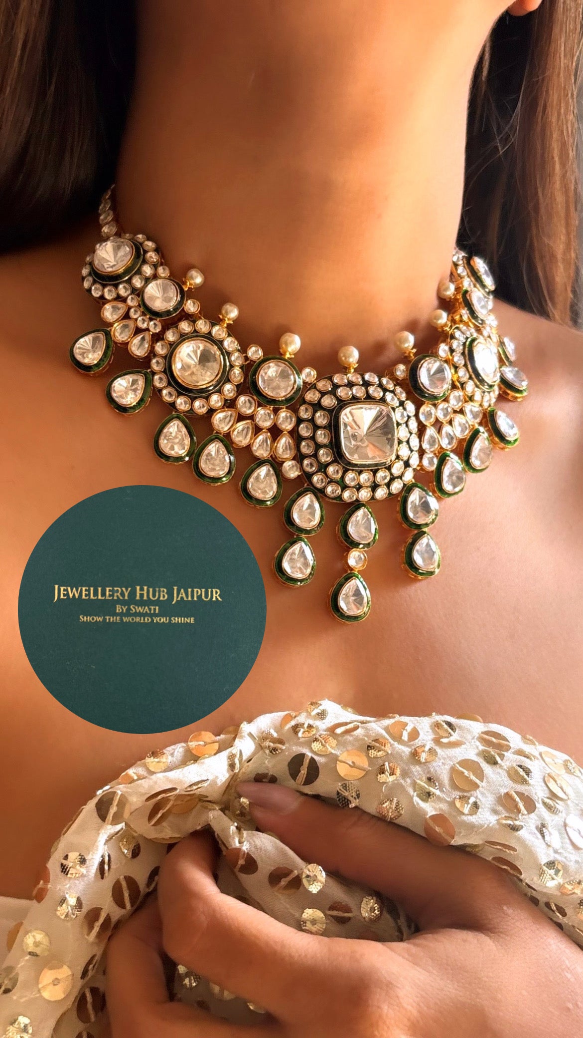 Uncut polki emerald meenakari collar set