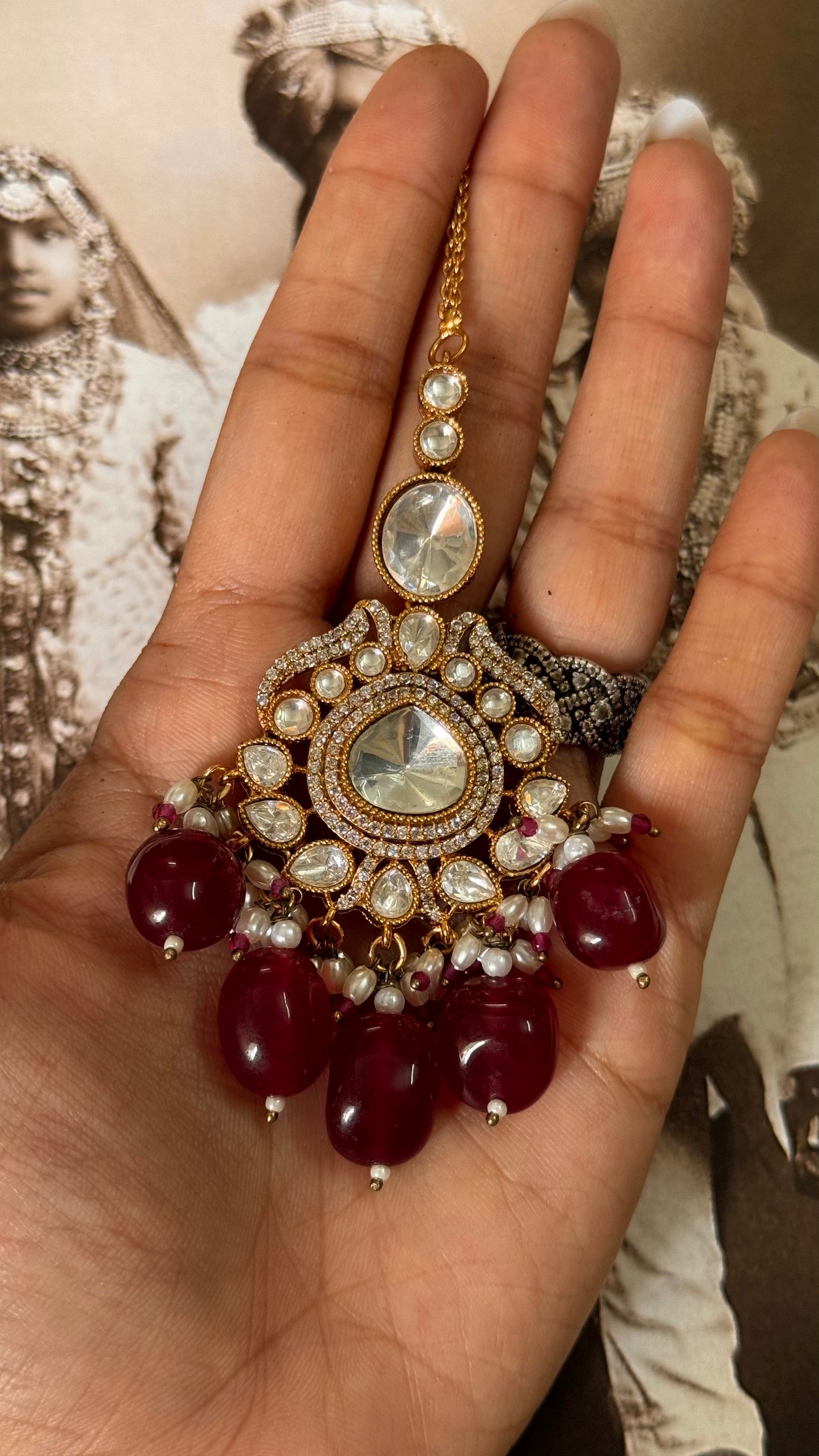 Uncut polki maangtika with ruby drops