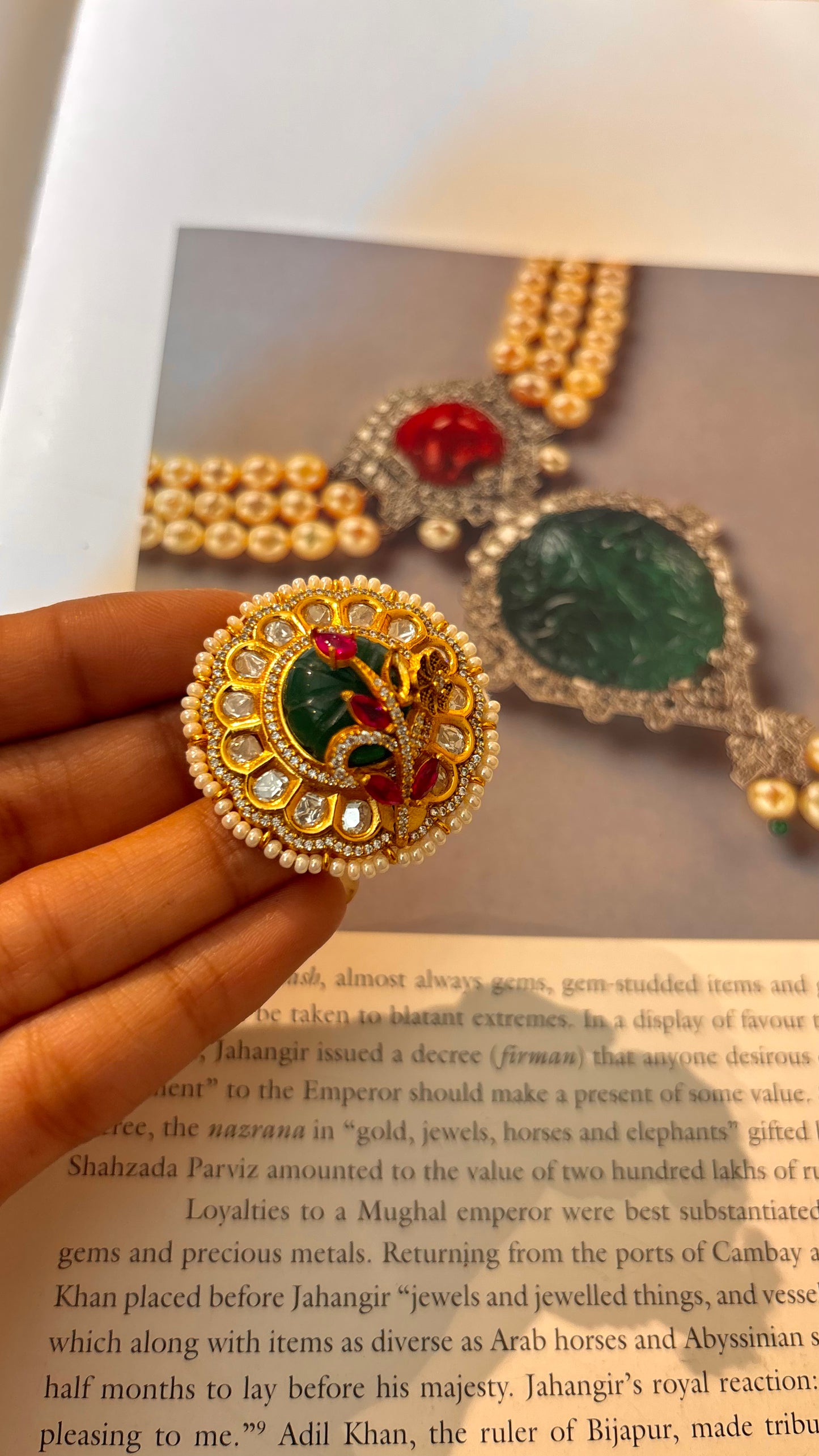 Emerald inslay moissanite gold ring with ruby leaf detailing