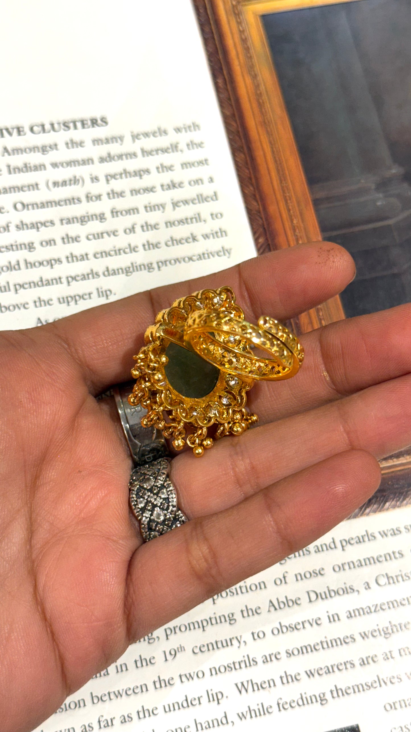 Mint green nakshi detailing inlay ring with gold drop detailing