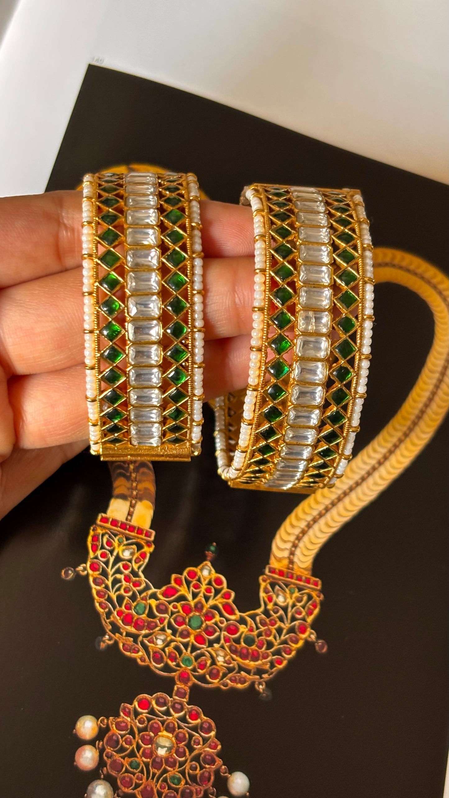 Emerald paachi jadau pearl detailing bangles