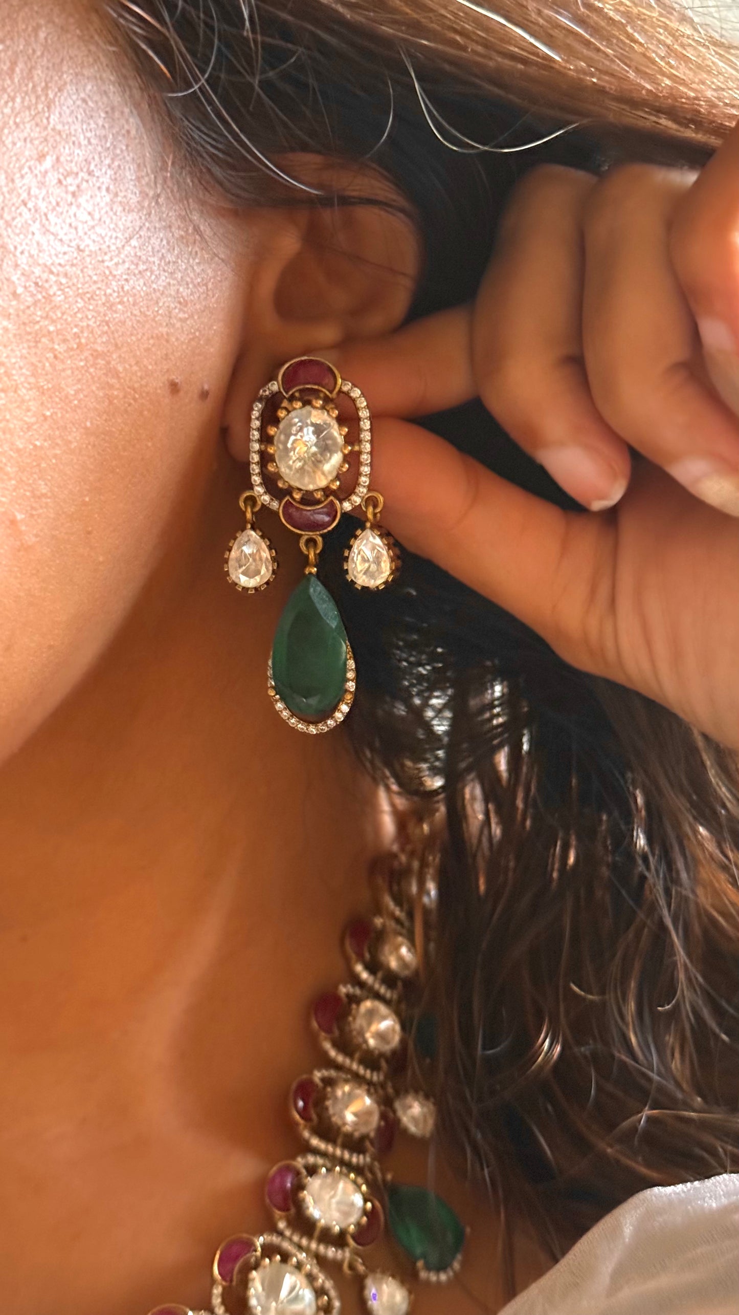 Emerald doublet drop with ruby katdana polki collar set
