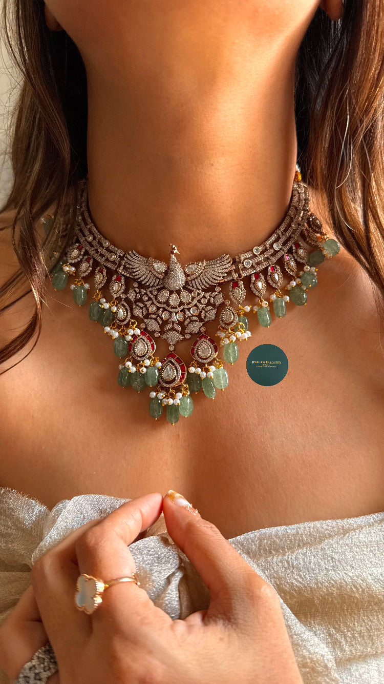 Peacock inspired mint & ruby collar necklace