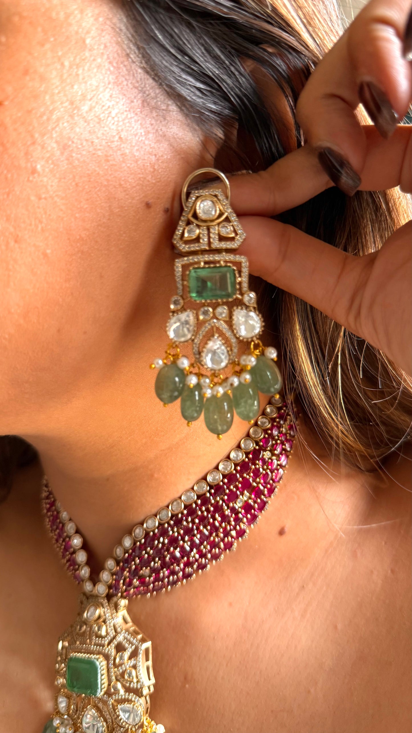 Mint doublet and rani pink moissanite collar necklace set