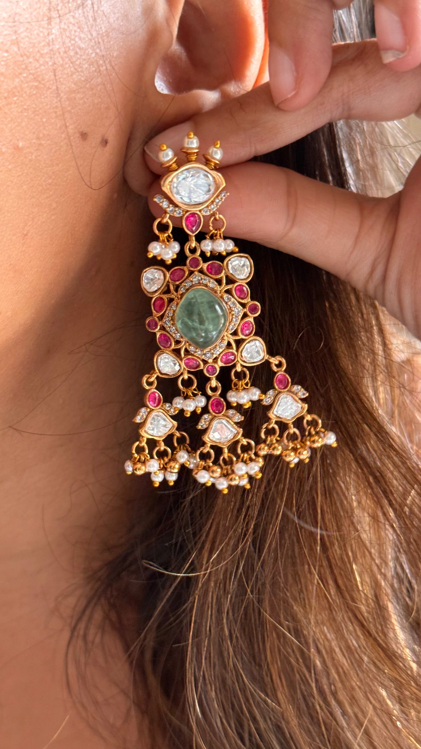 Mint, natural stone and Ruby moissanite danglers