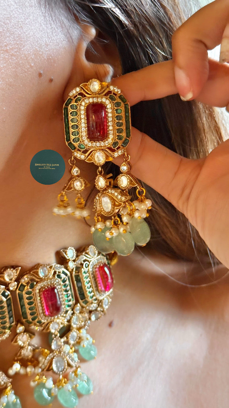 Ruby doublet & emerald polki with mint drops choker set