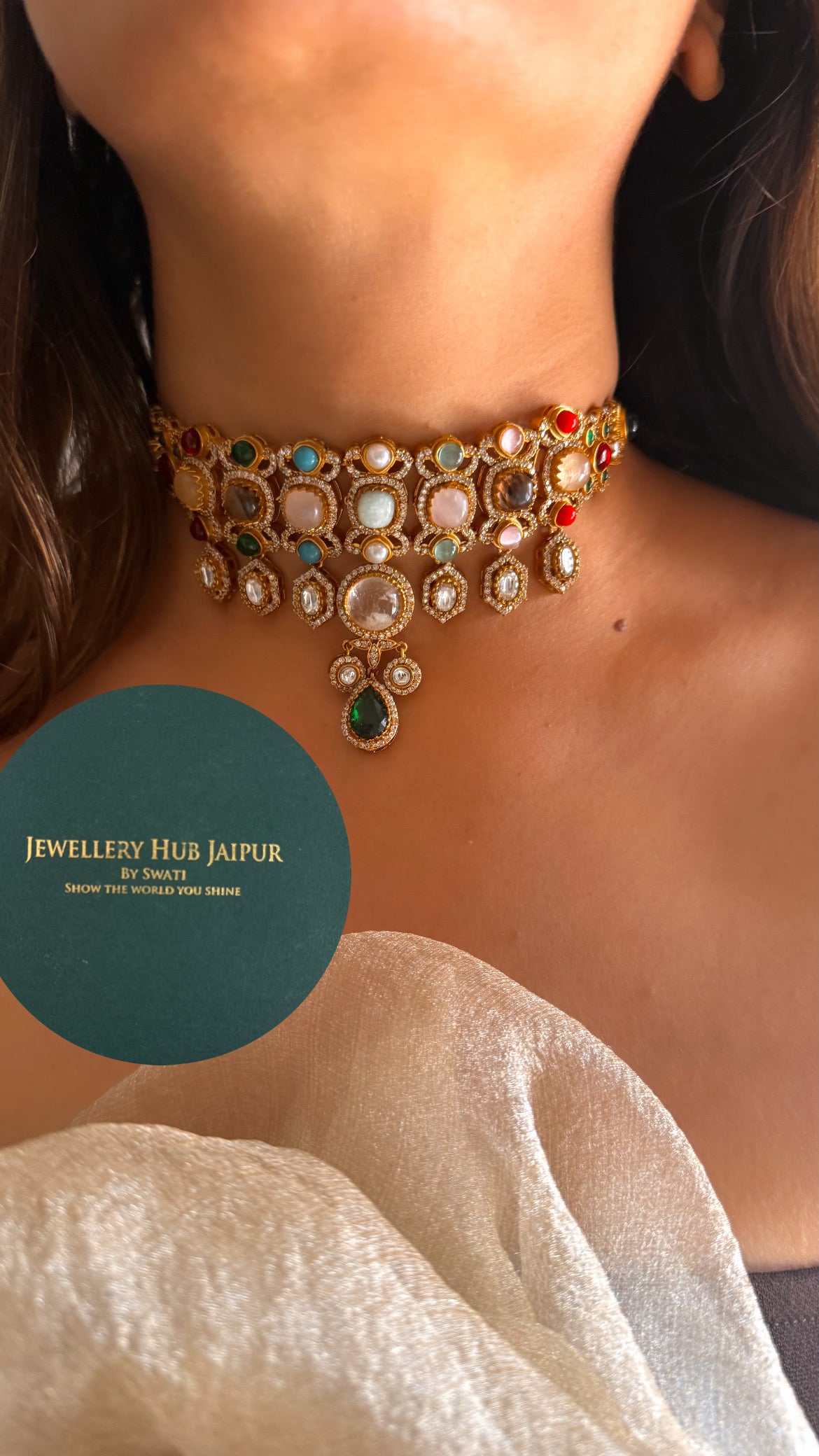 Navratna doublet & moissanite designer choker set