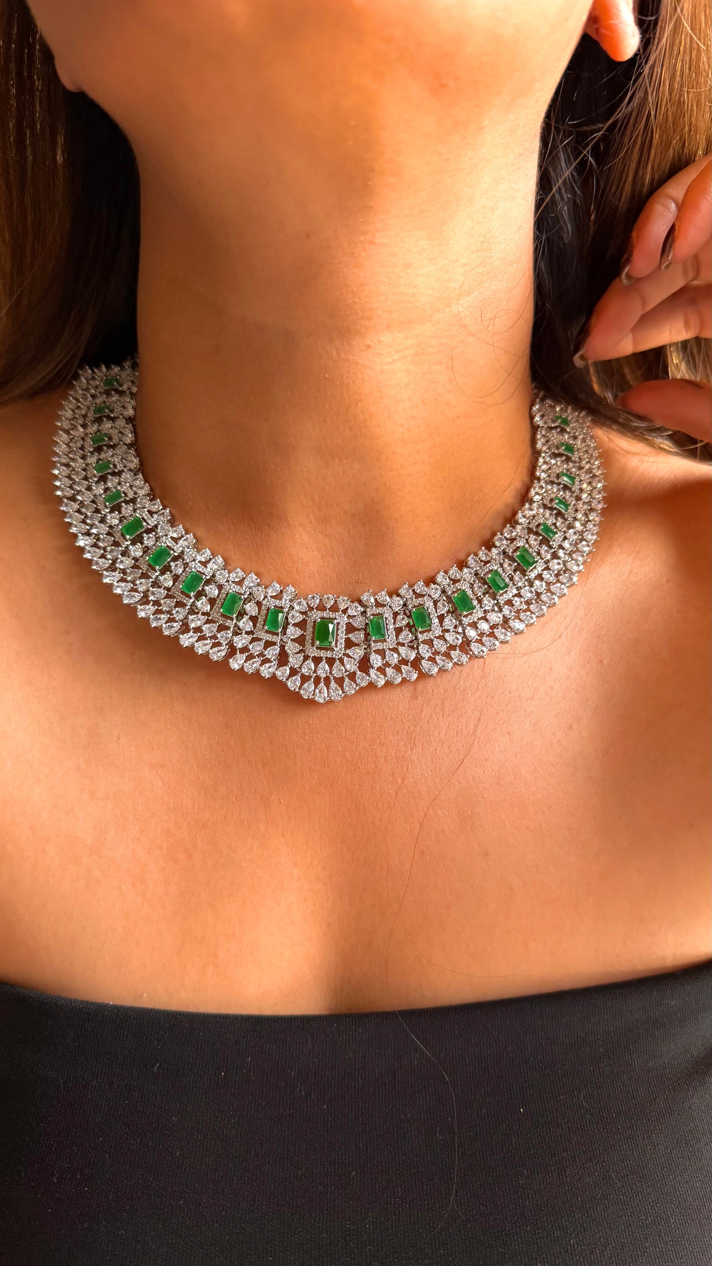 Emerald doublet cz diamond necklace
