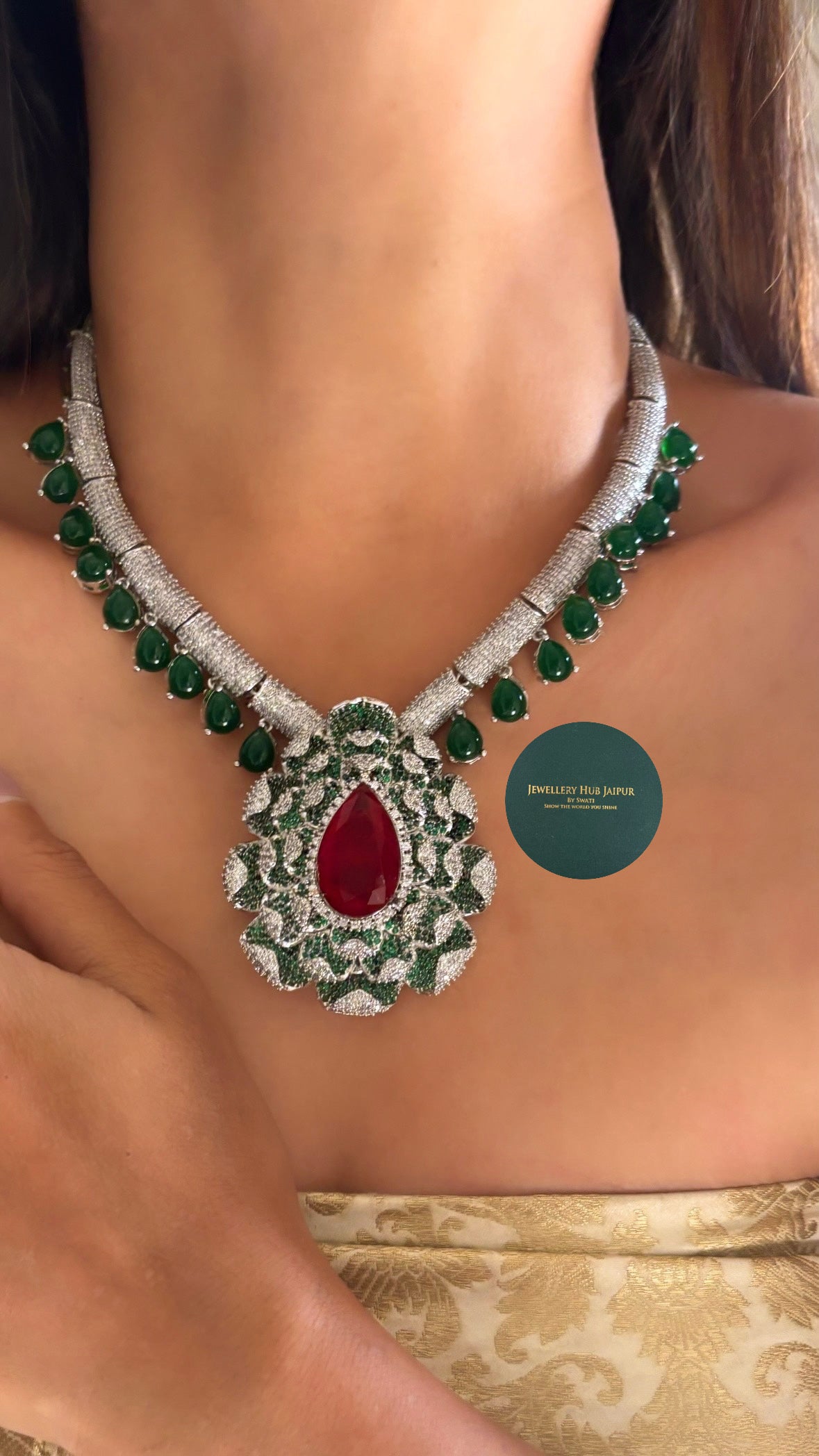 Cocktail Ruby & Cz Bridal Asia Necklace set with earrings