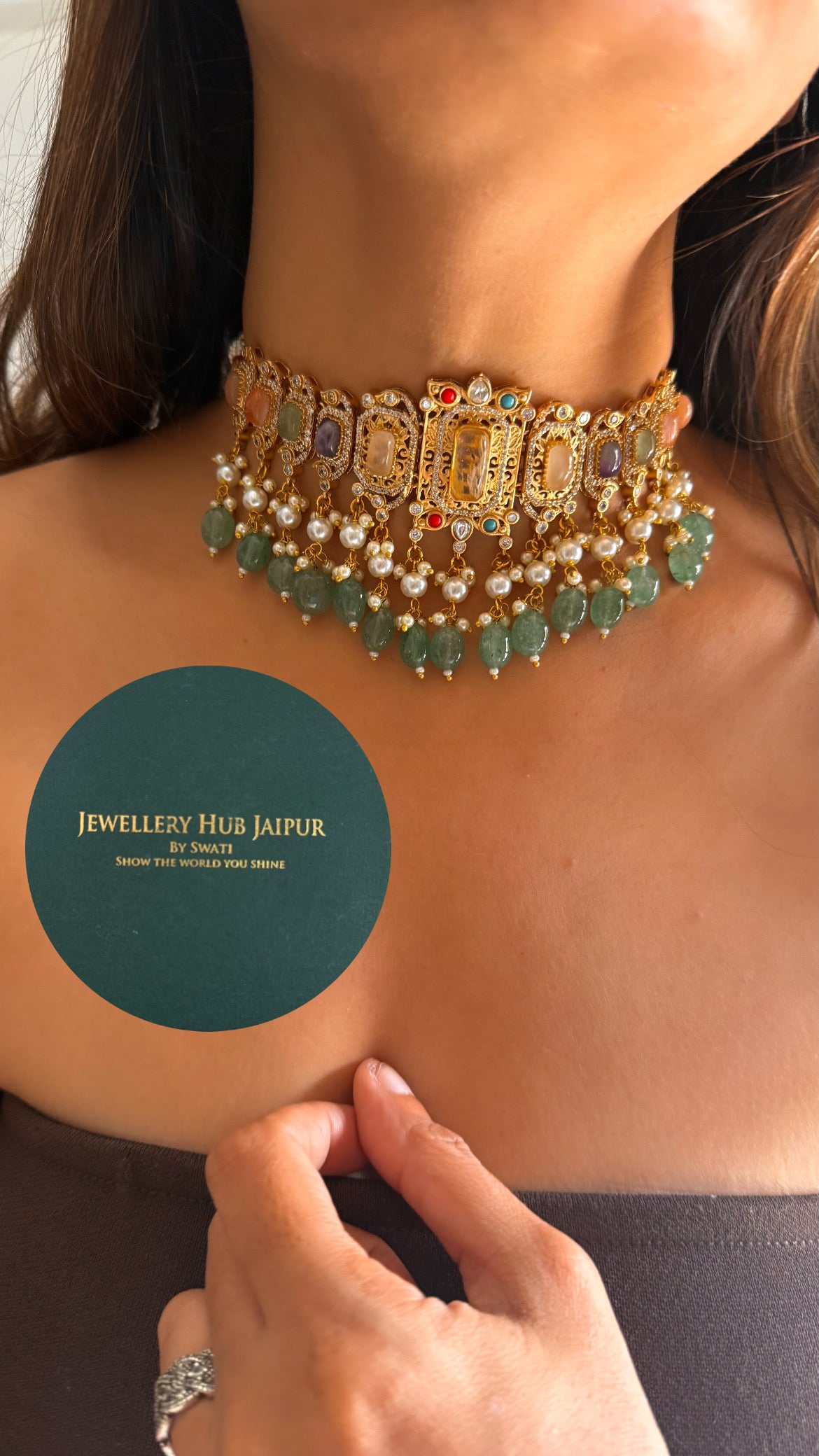 Navratna doublet with mint & pearl drops choker set