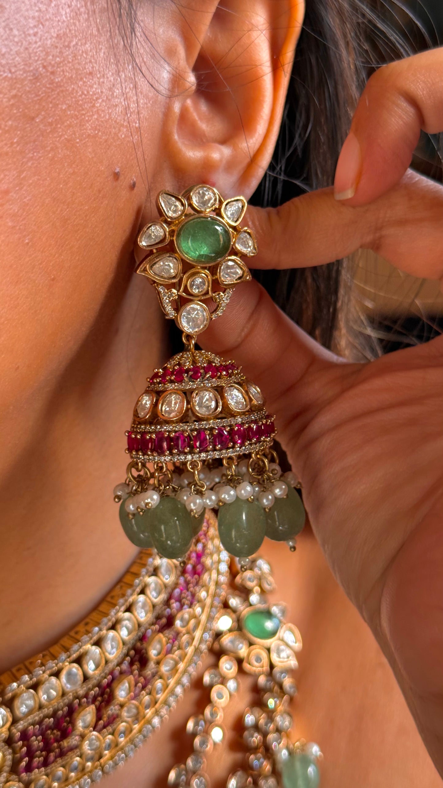 Dual line tear drop emerald & rani pink moissanite necklace