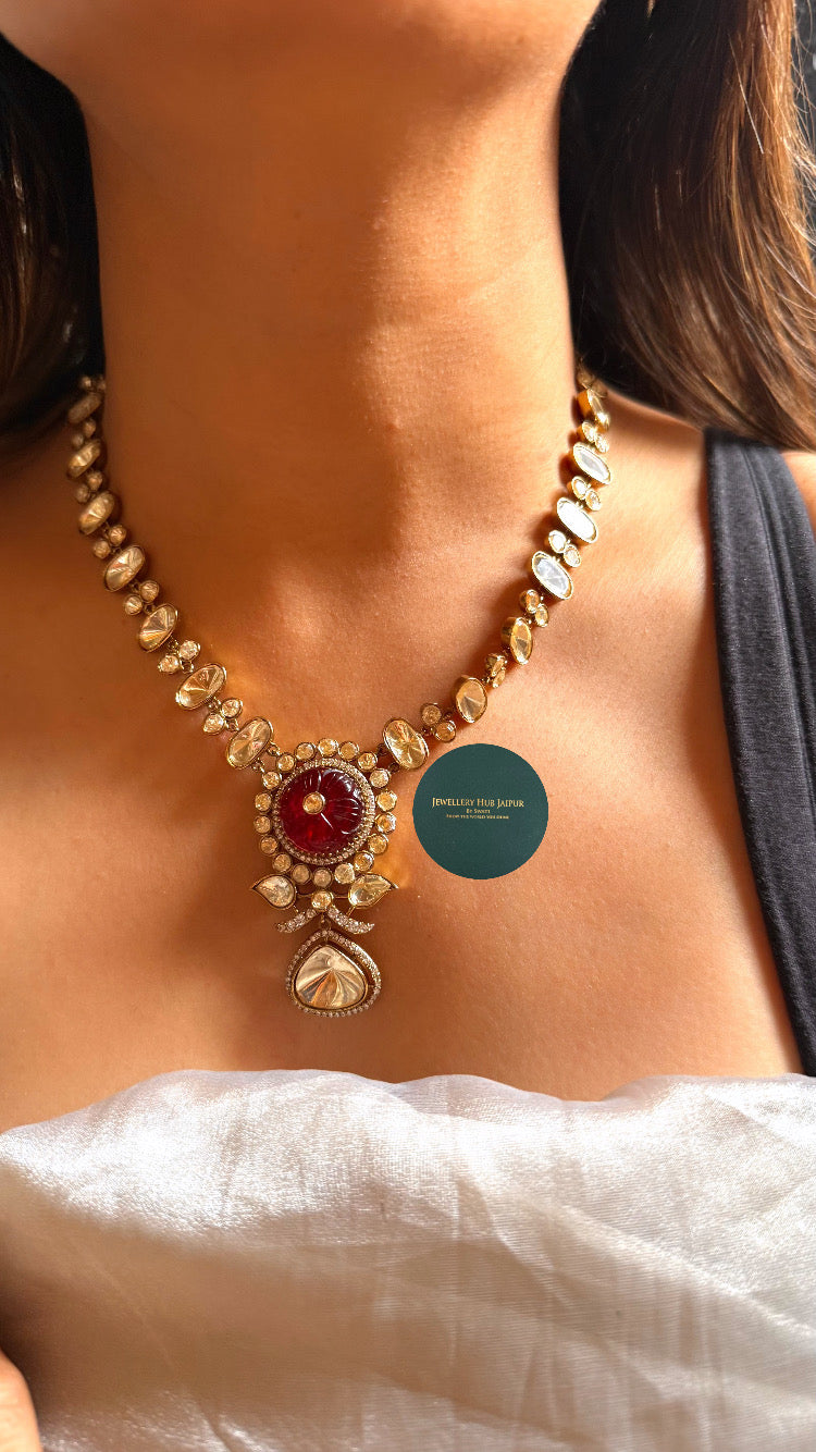 Ruby doublet with inlay carving and moissanite set