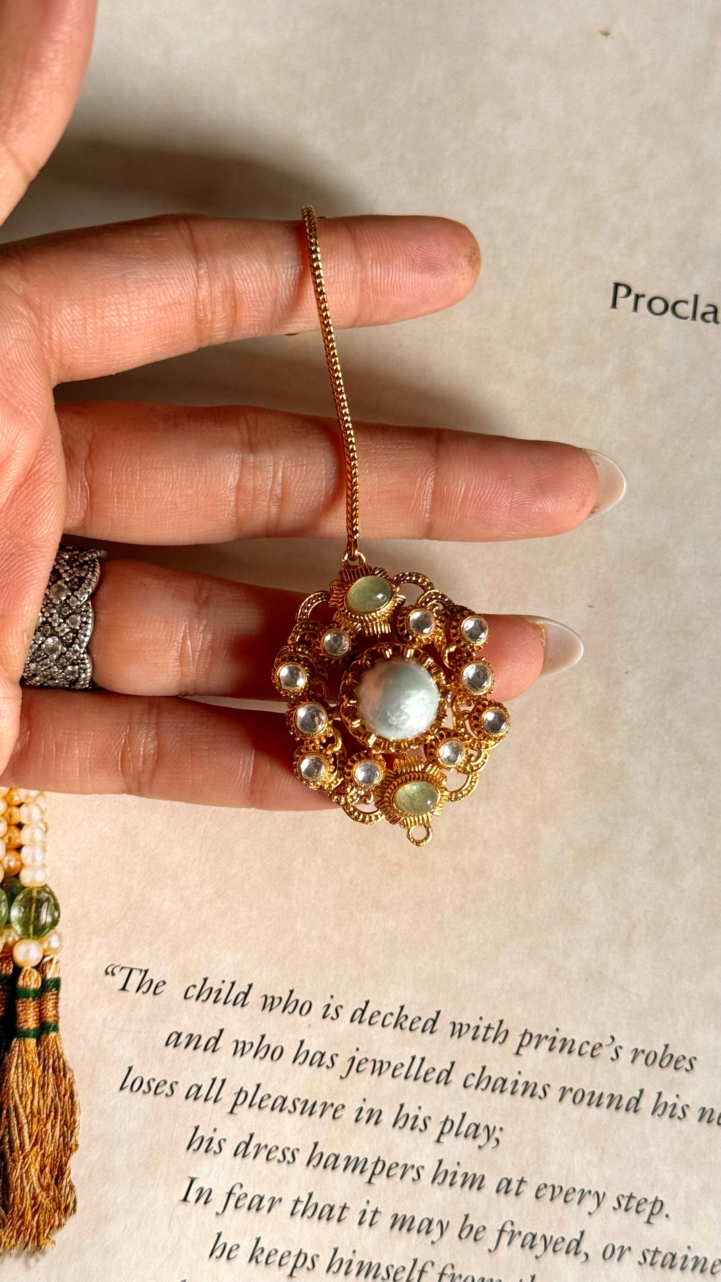 Mint & pearl moissanite maangtika