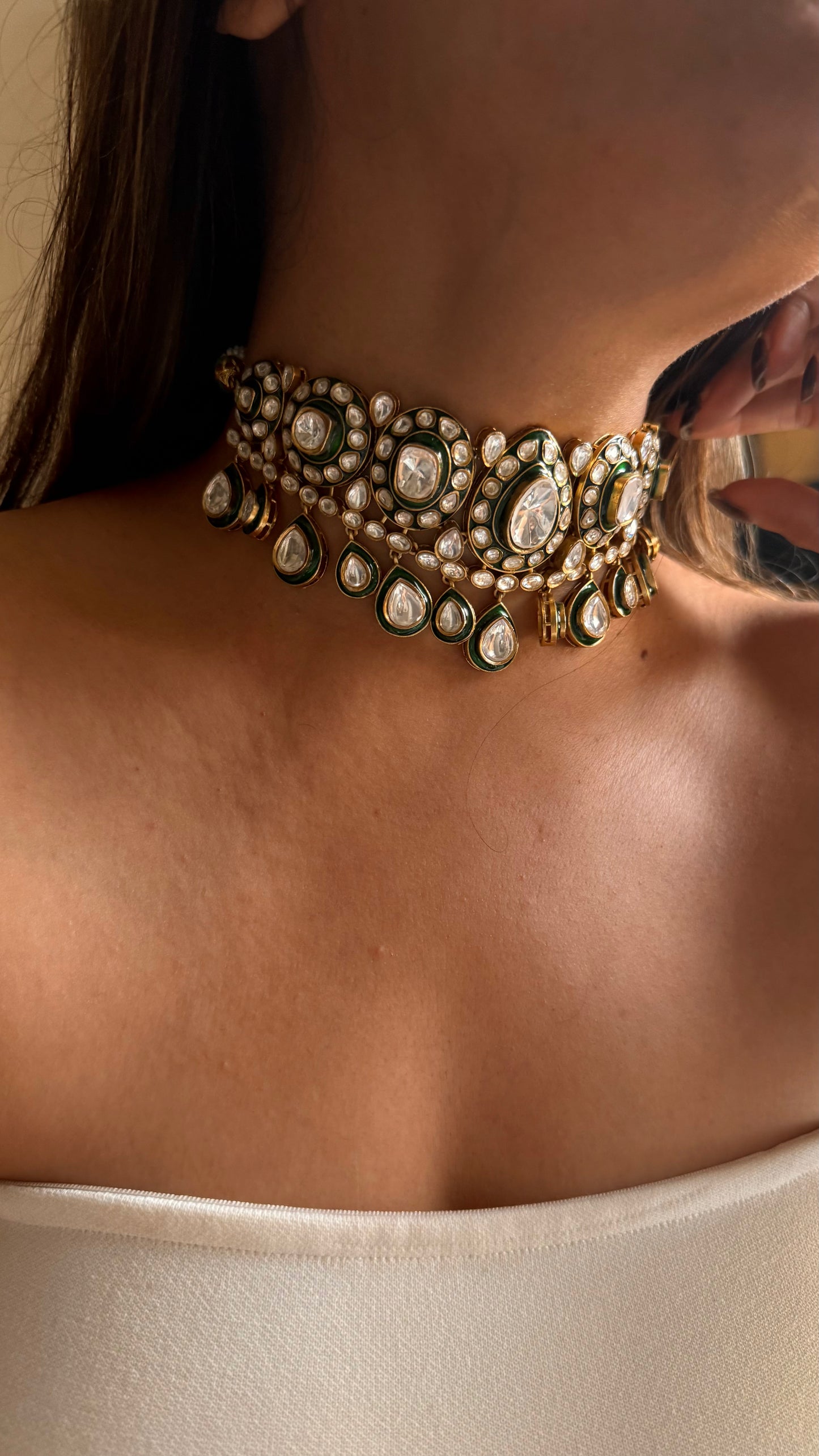 Meenakari Emerald uncut polki choker necklace