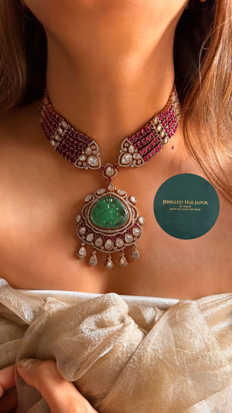 Ruby & panna moissanite designer collar necklace