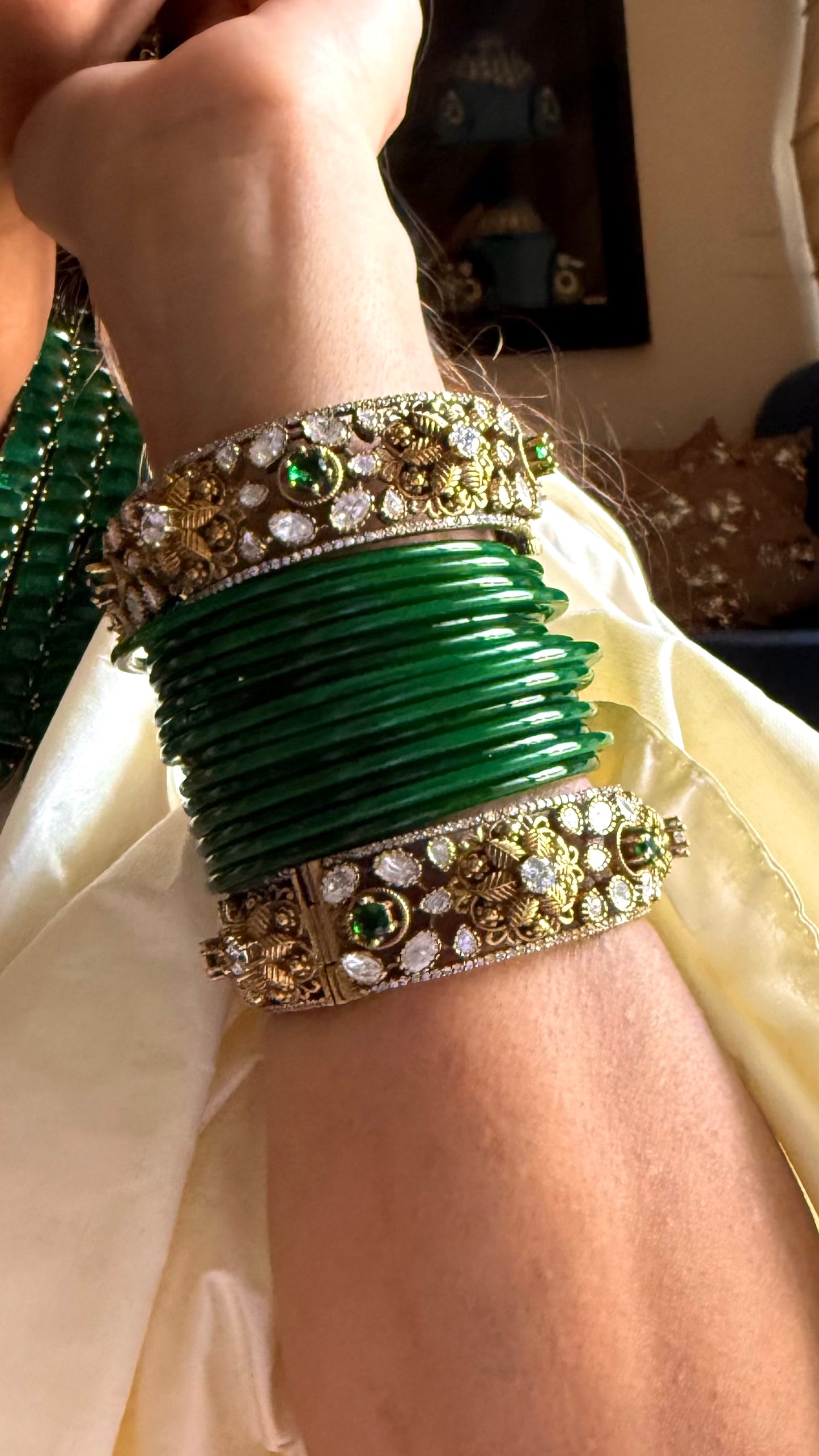 Emerald popped floral designer moissanite bangles