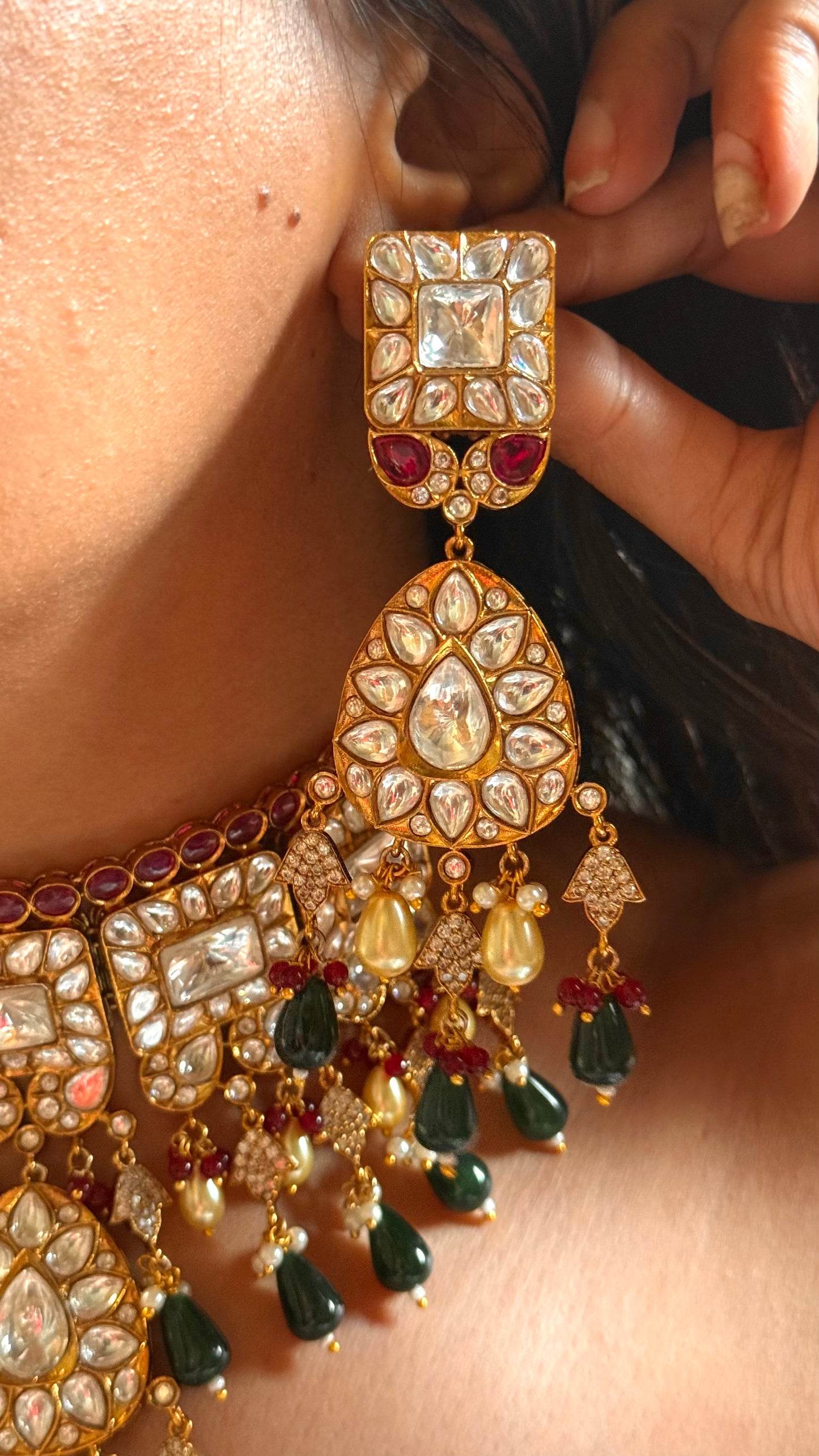 Ruby & polki kundan with emerald & pearl drop choker set