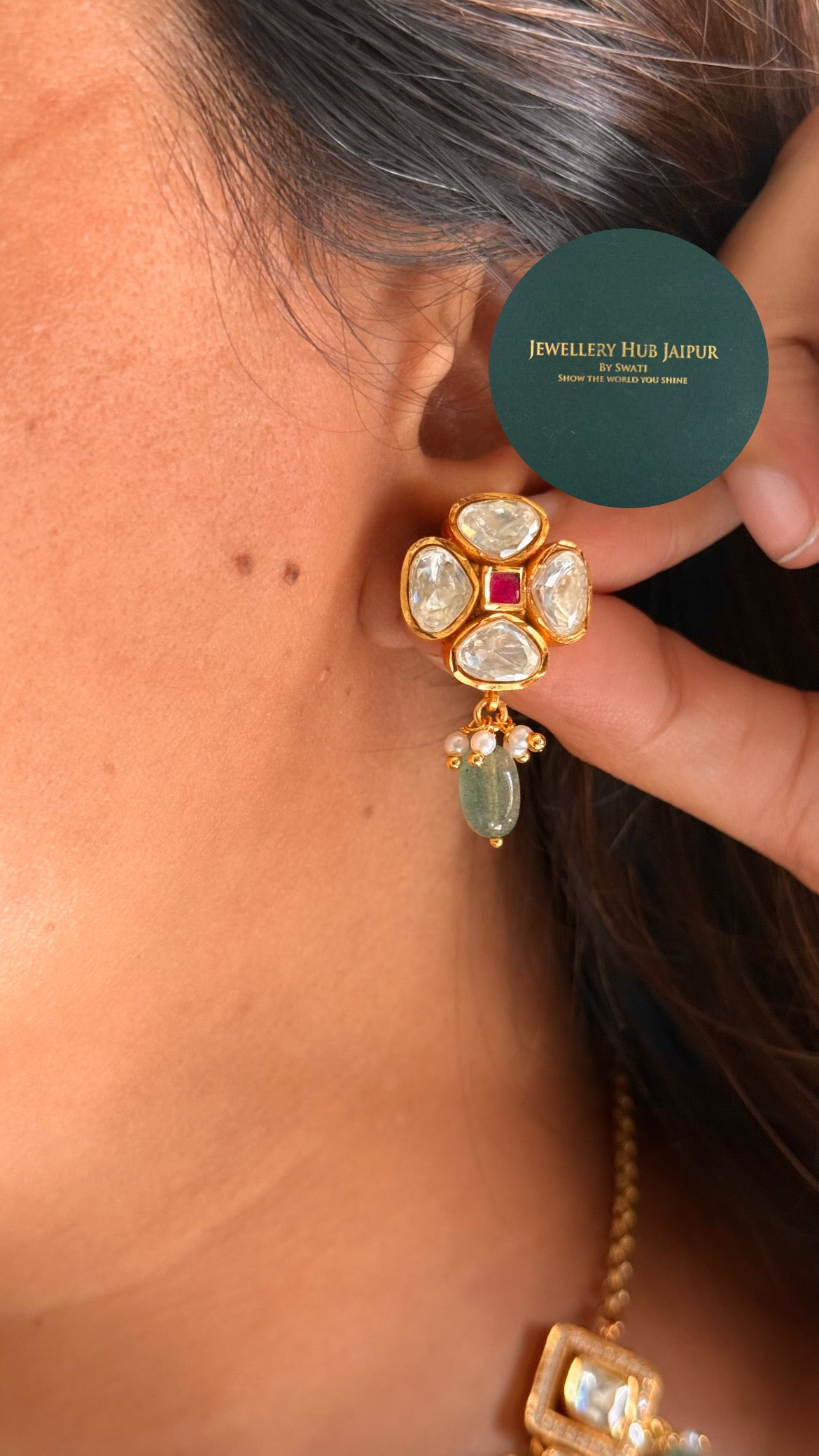 Real moissanite rani pink floral & mint drop collar set