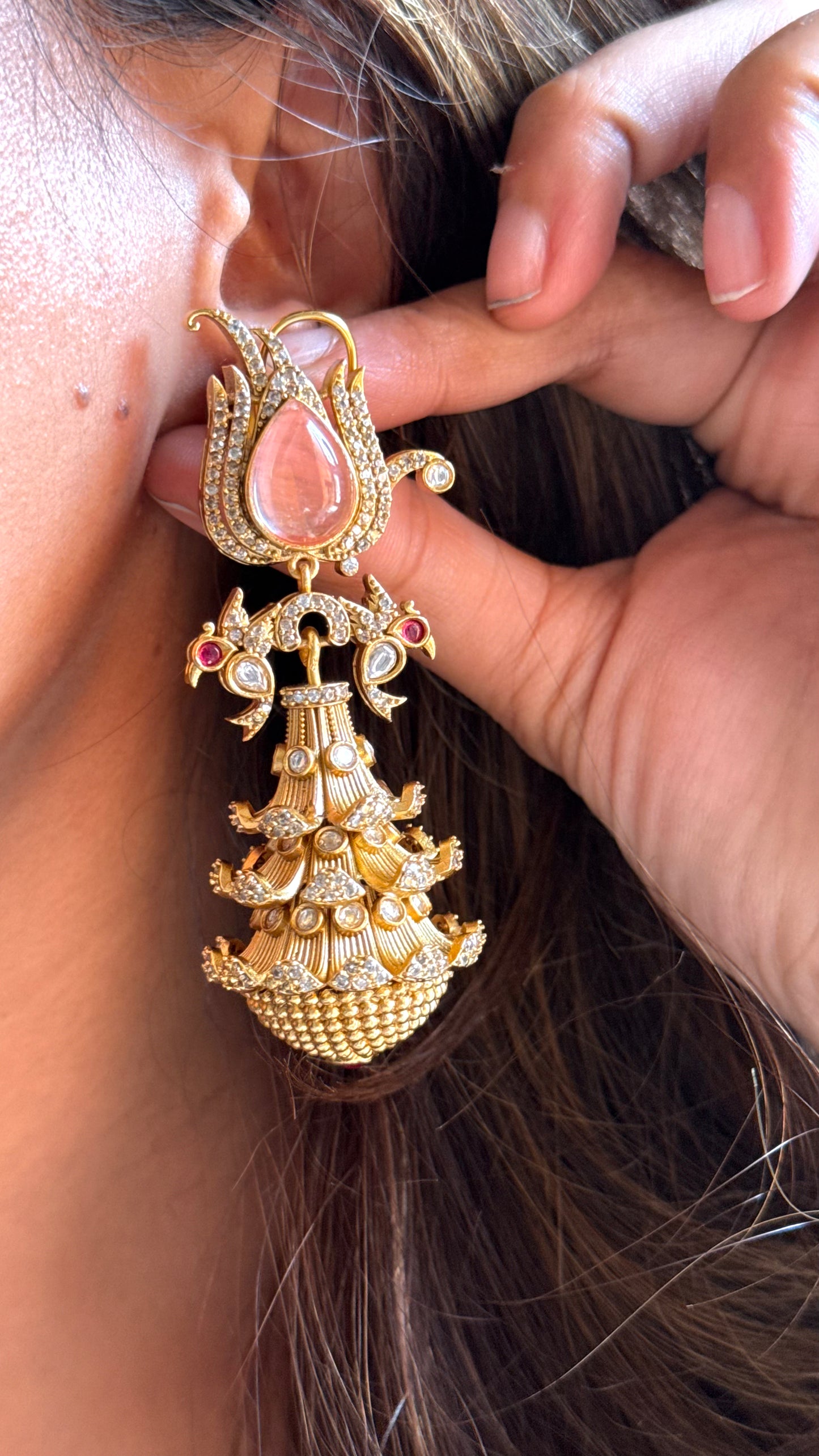 Amrapali inspired peach triple jhumki danglers