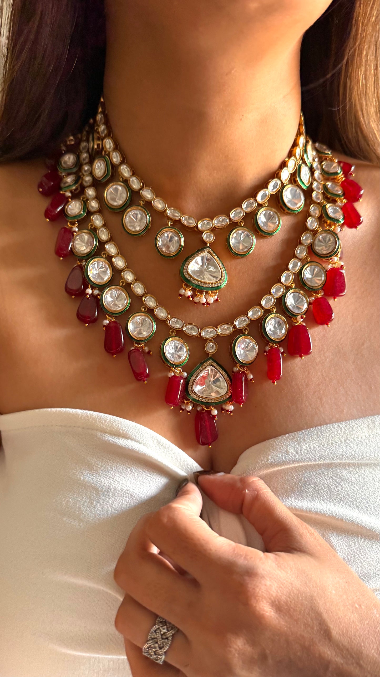 Emerald meenakari polki with ruby drops
