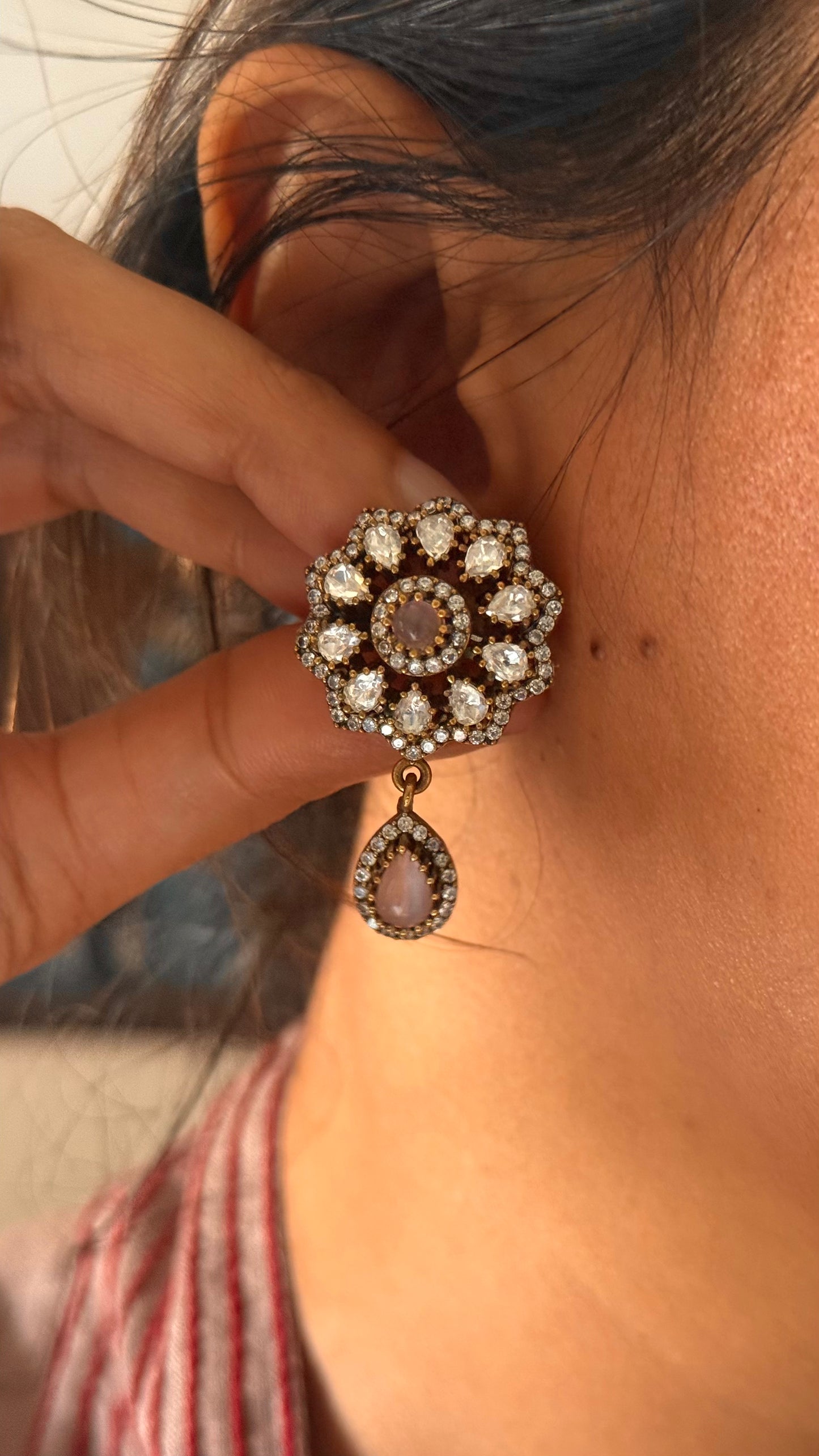 Rose quartz Moissanite victorian floral with drop studs