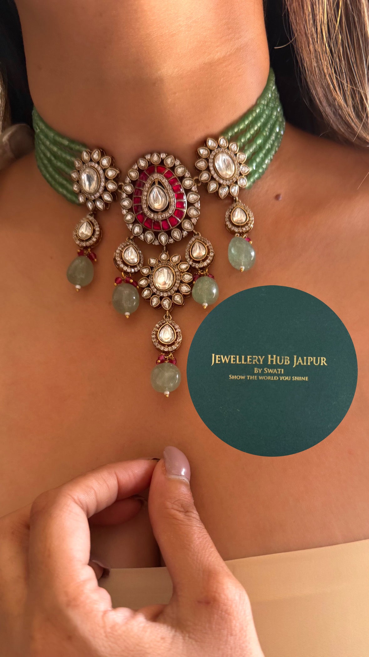 Riva Ruby moissanite polki & mint drop choker