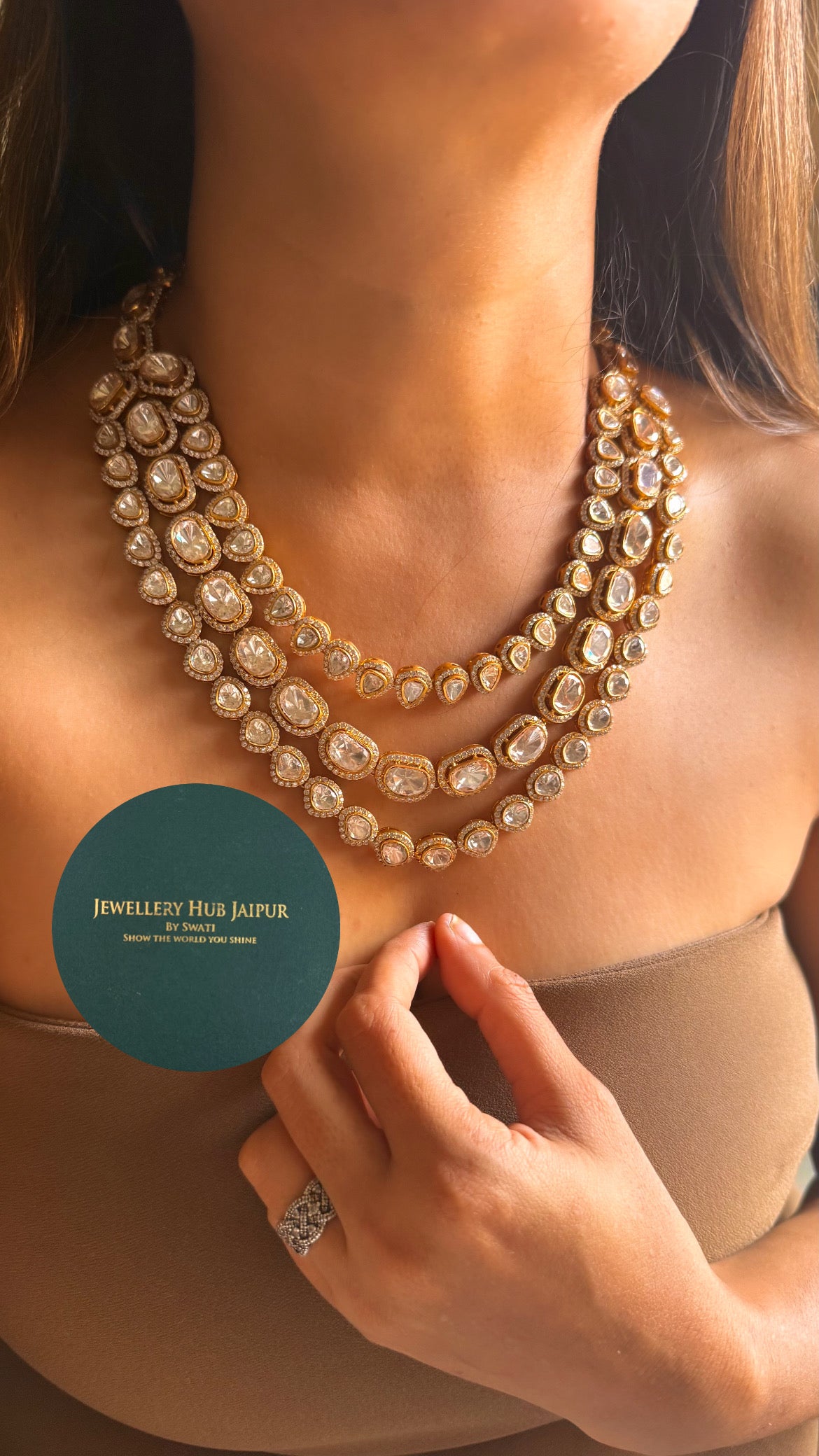 Real uncut moissanite polki triple layered collar set