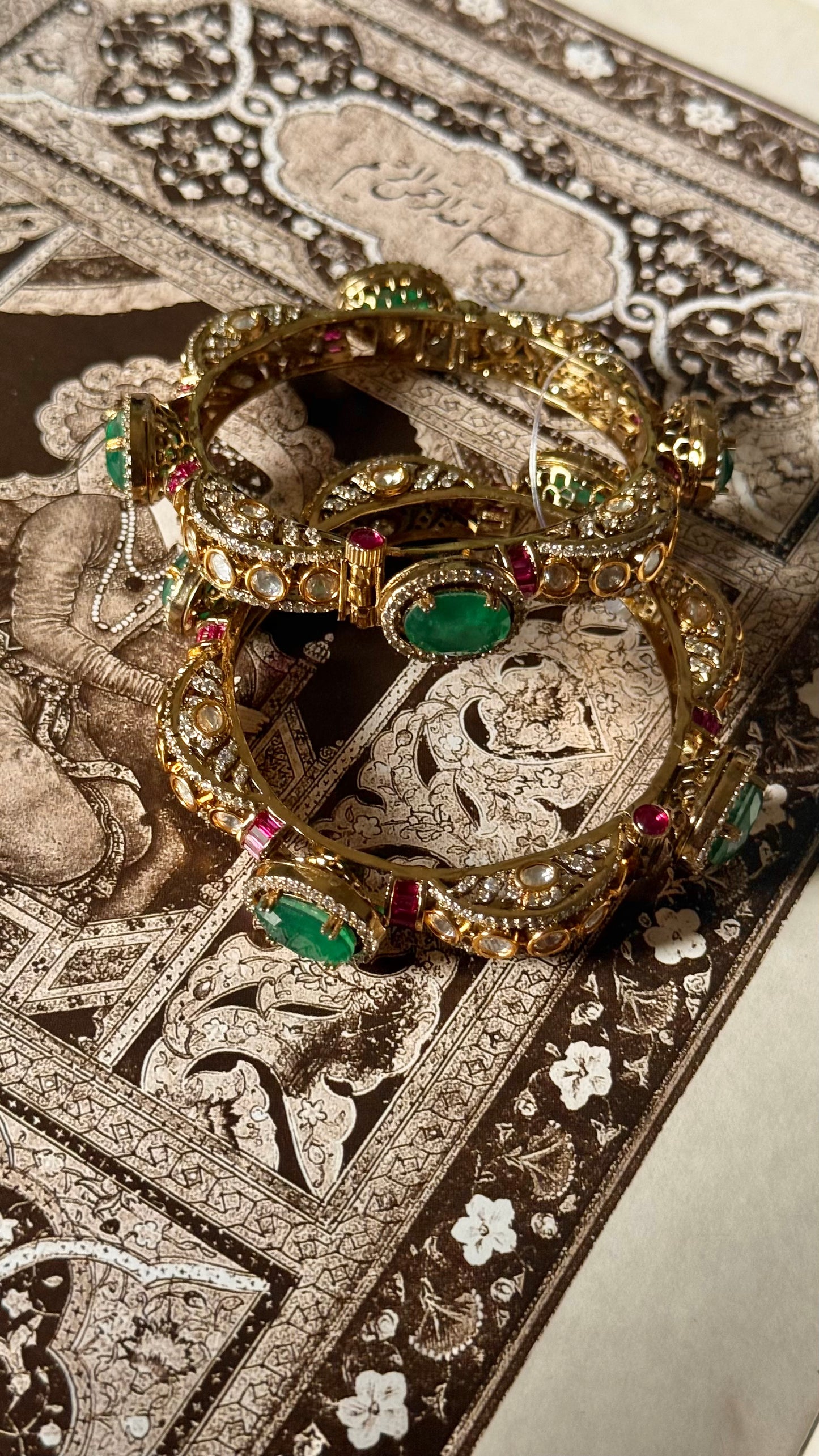 Emerald doublet & rani pink moissanite Victorian openable bangle