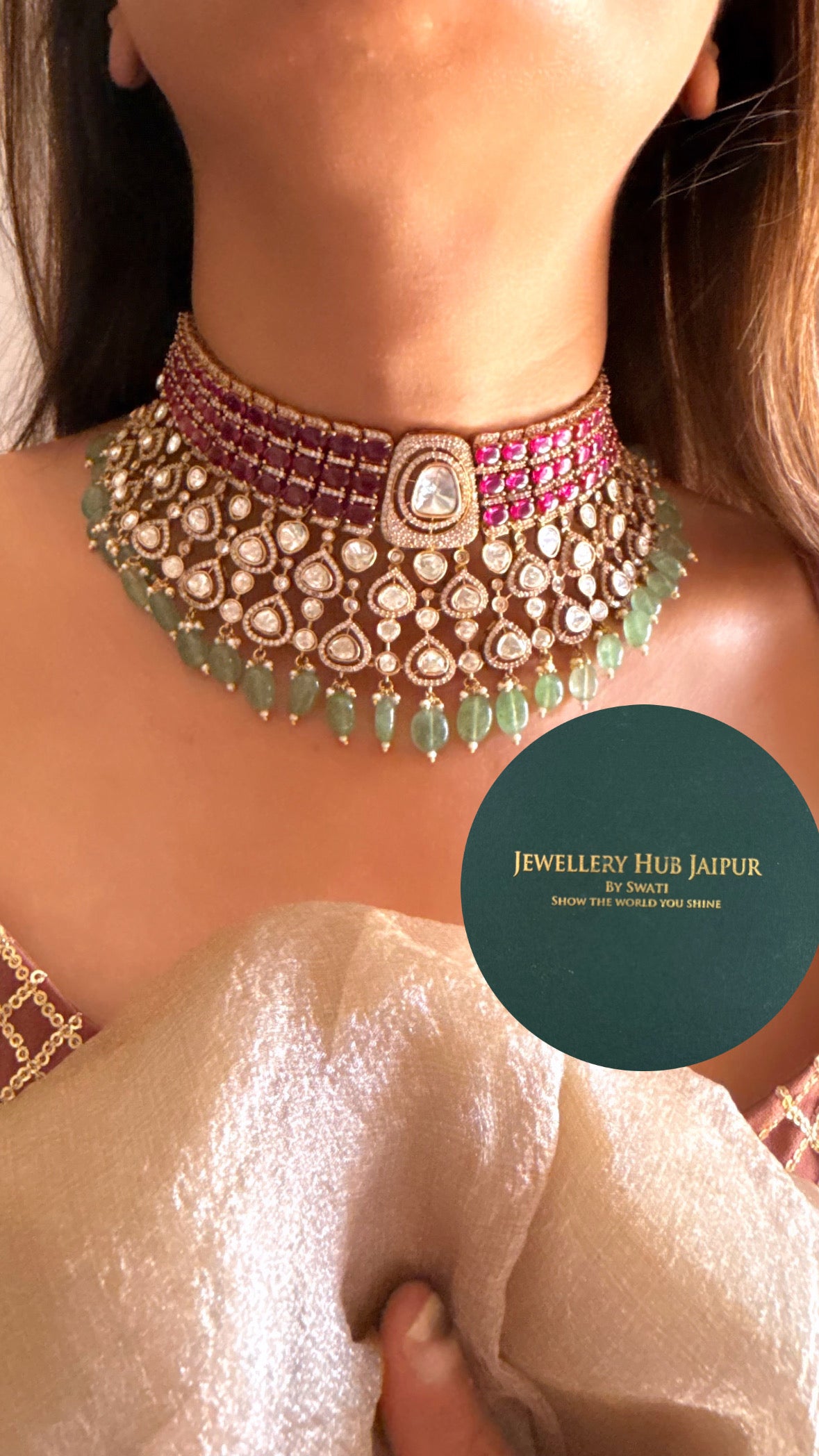 Anshika Rani pink moissanite polki & mint drops choker