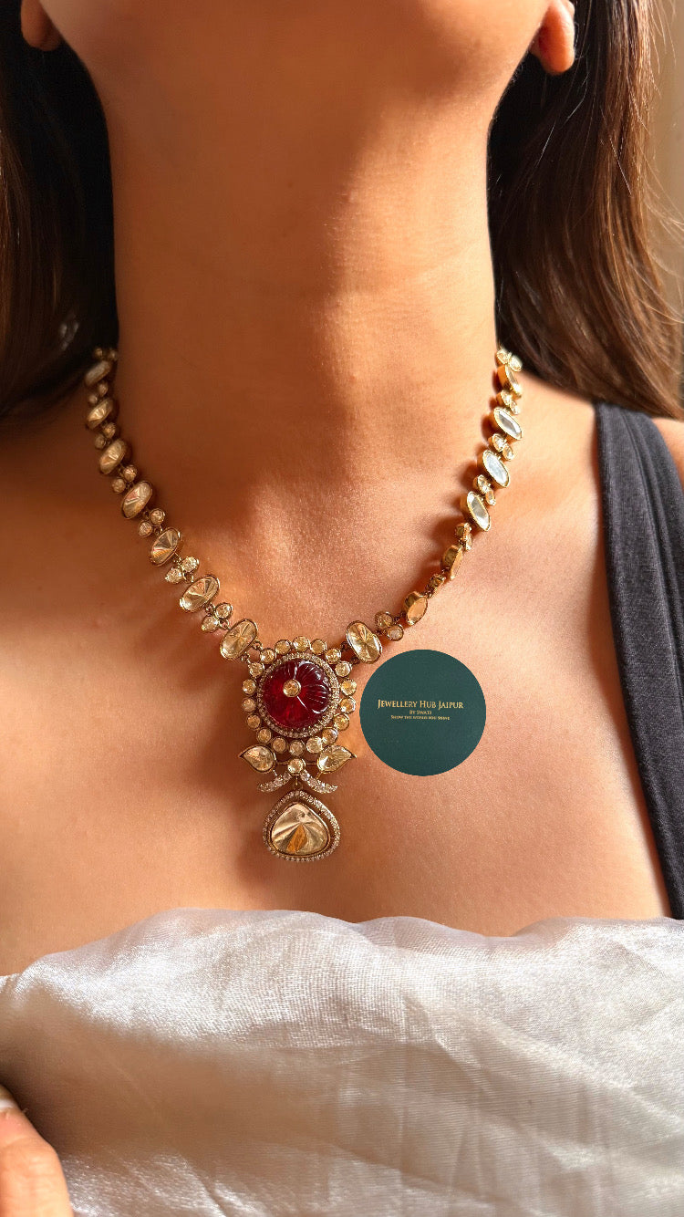 Ruby doublet with inlay carving and moissanite set