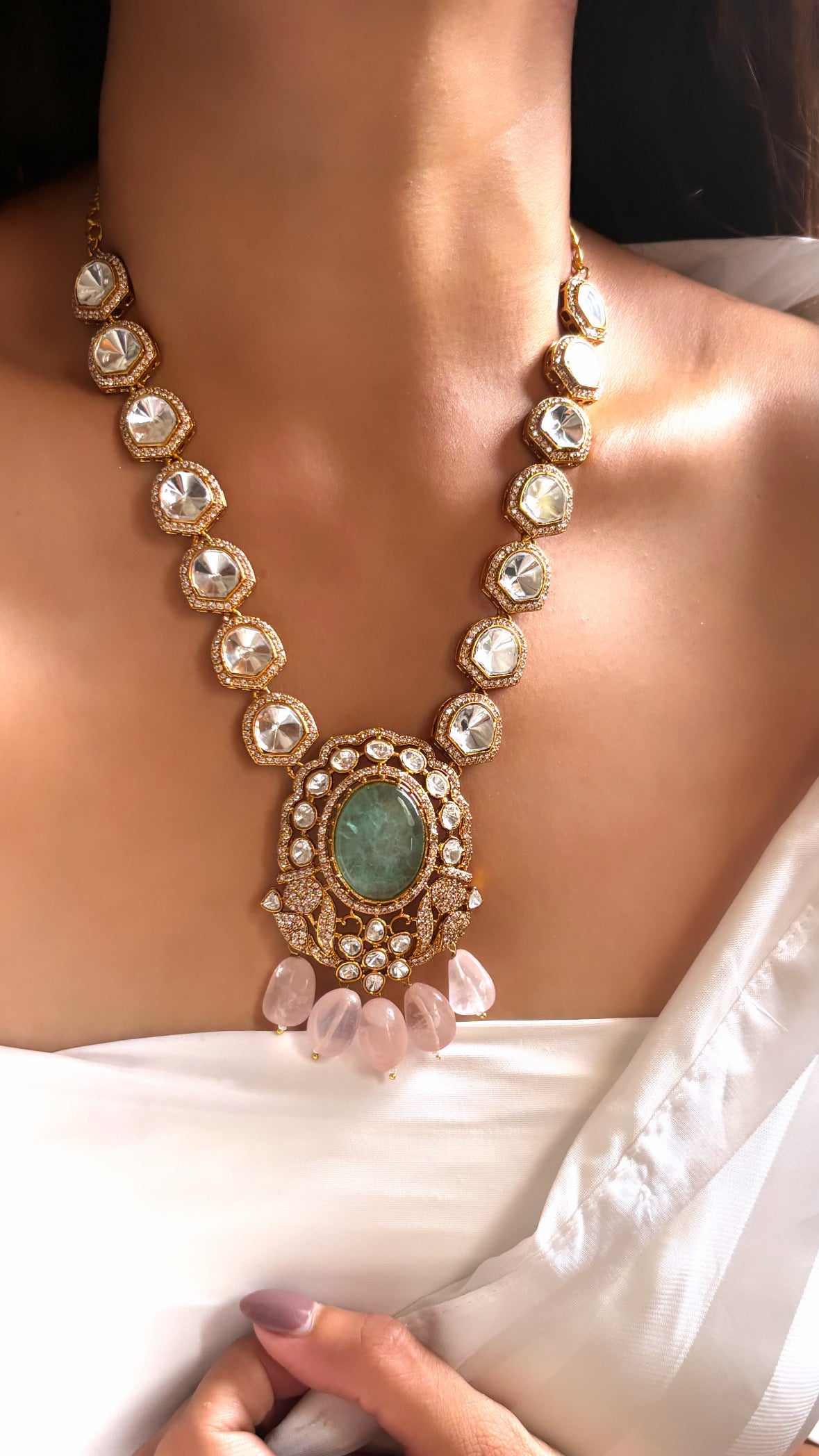 Designer uncut polki mint necklace