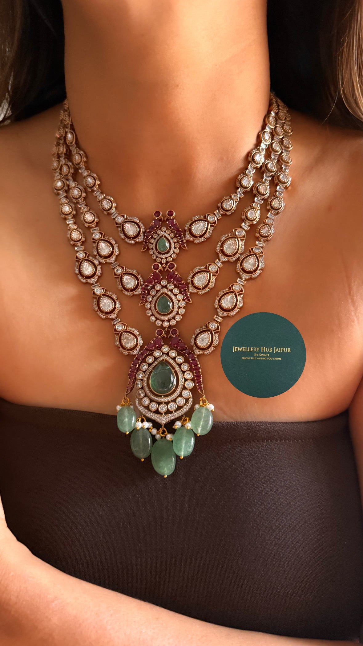 Mint doublet & Rani pink moissanite polka 3 layer with mint drop collar set