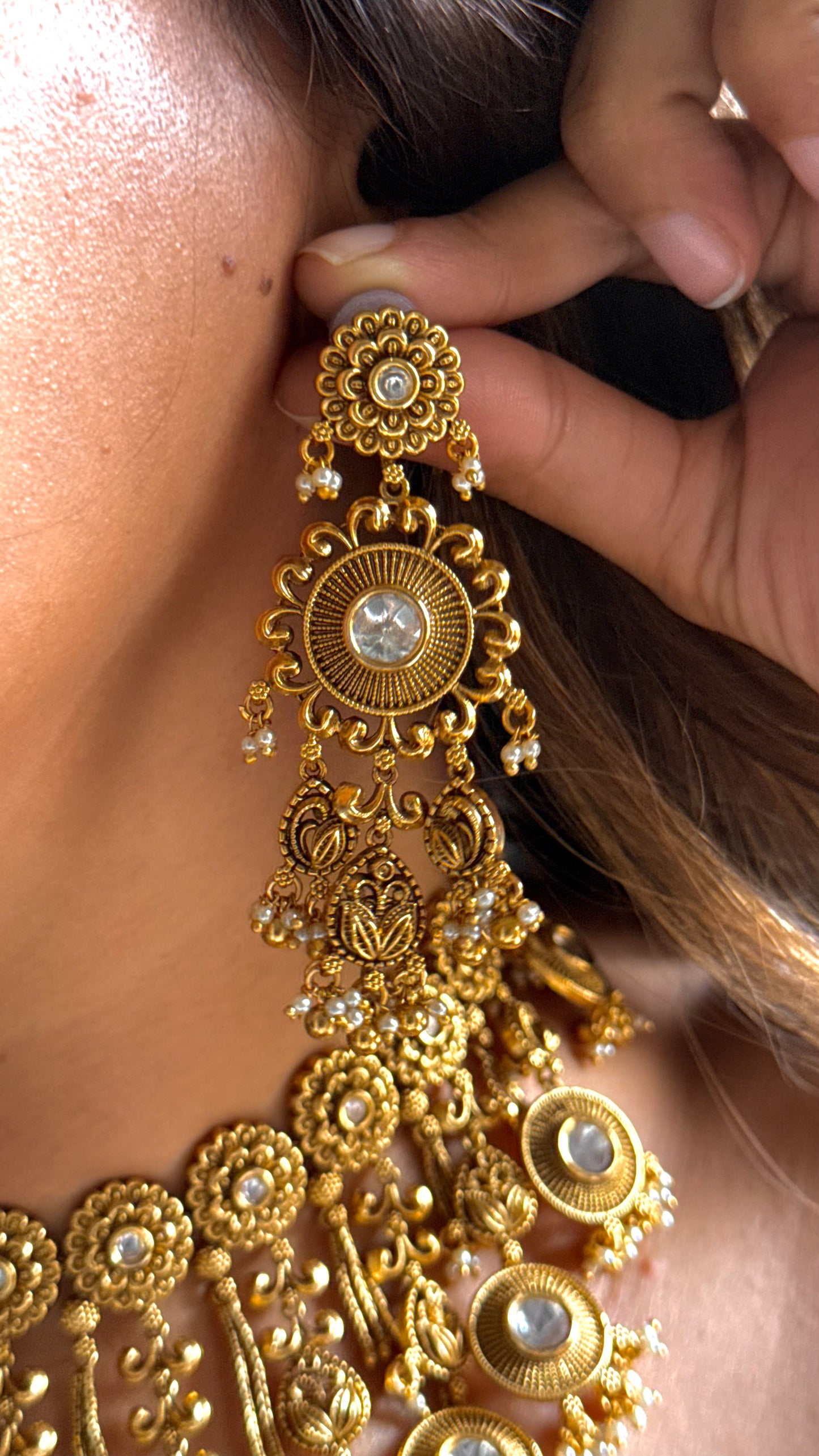 Oxidised royal heritage leaf design polki necklace