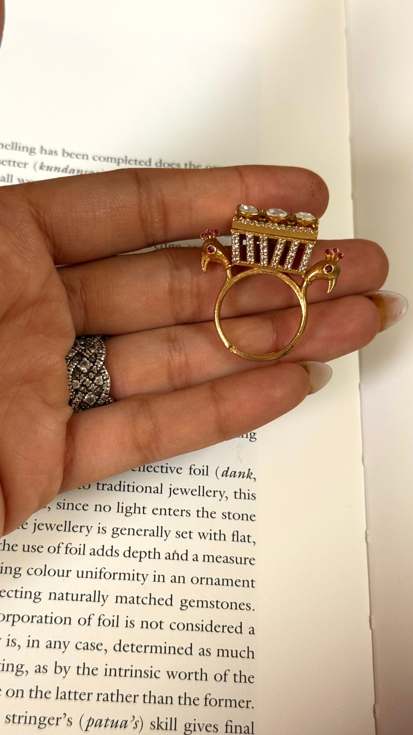 Emerald moissanite peacock design adjustable ring