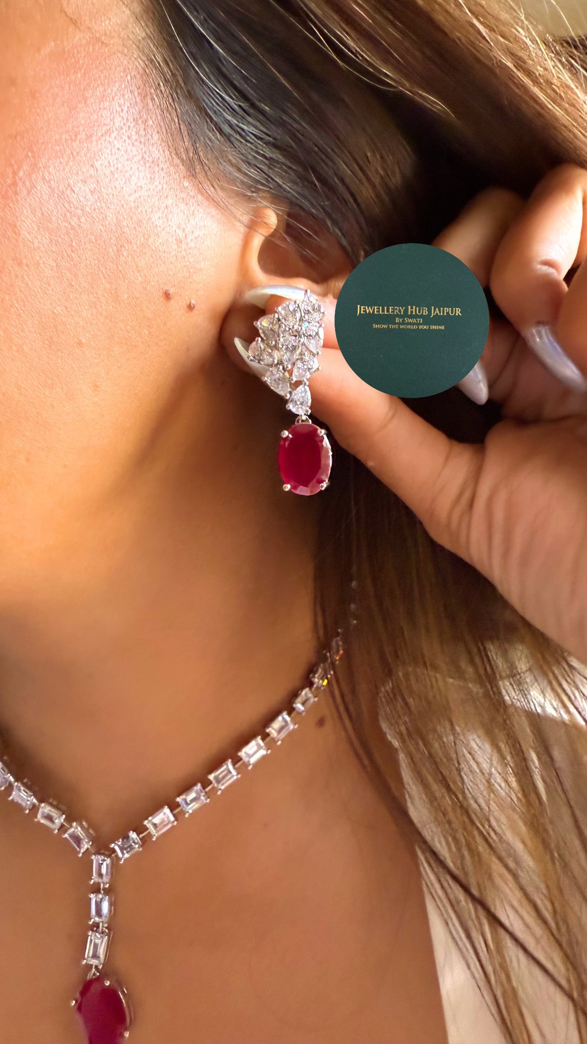 Cz diamonds Ruby doublet drop necklace